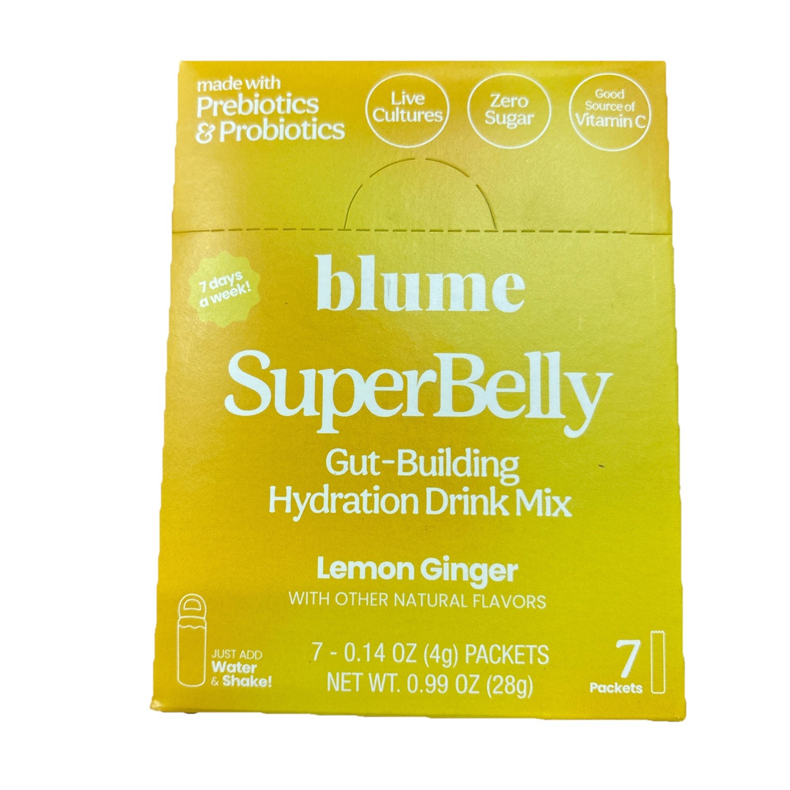 Blume Superbelly Hydration + Probiotic Lemon Ginger 7 Pack 1oz Total BB 05/2026
