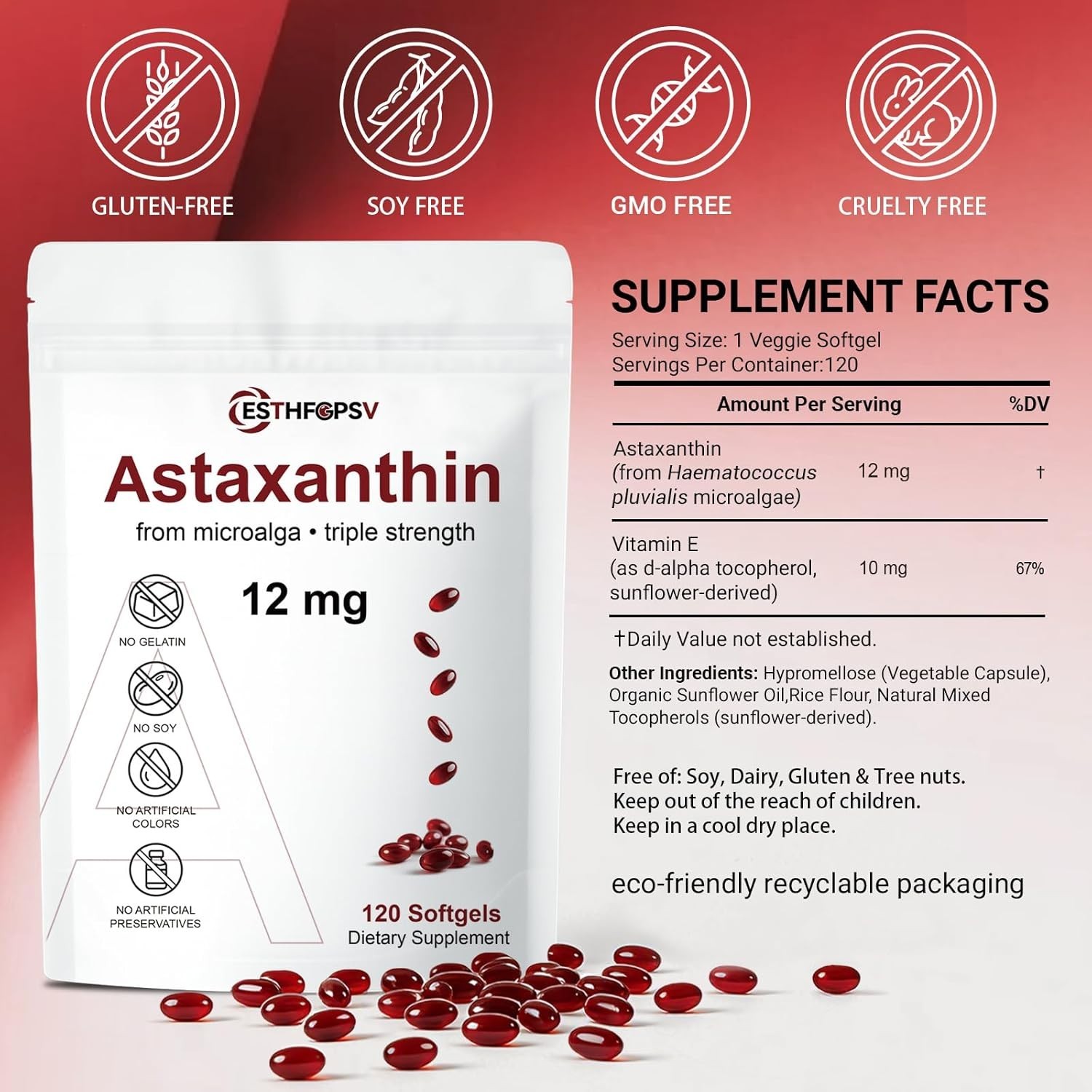 Astaxanthin 12mg 120 Softgels, 4 Month Supply,Triple Strength,Non-GMO,Eye Health