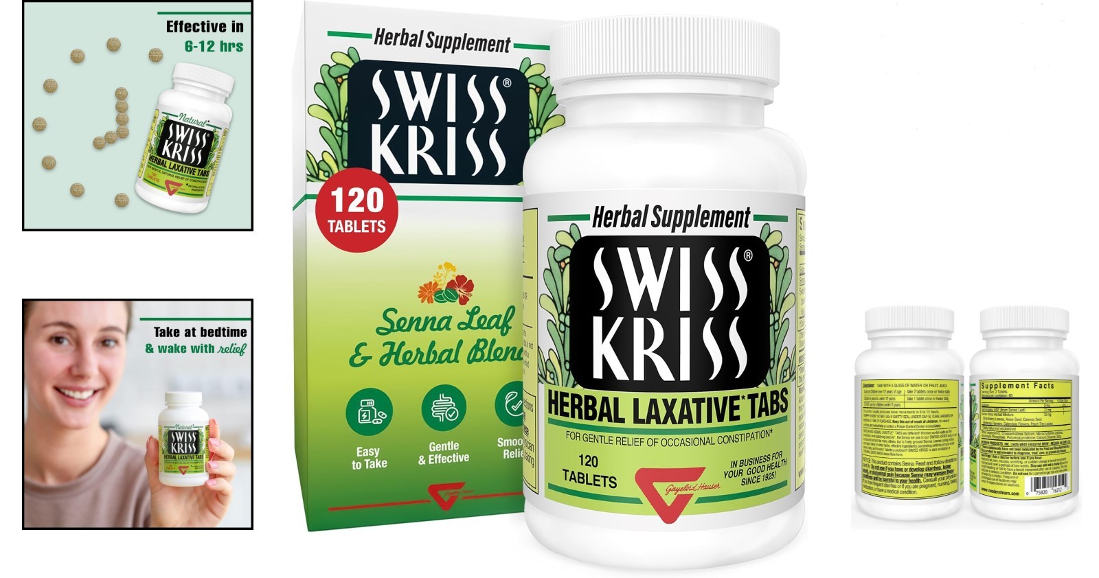 Natural Swiss Kriss Herbal Laxative Tablets Constipation Relief Supplement 250ct