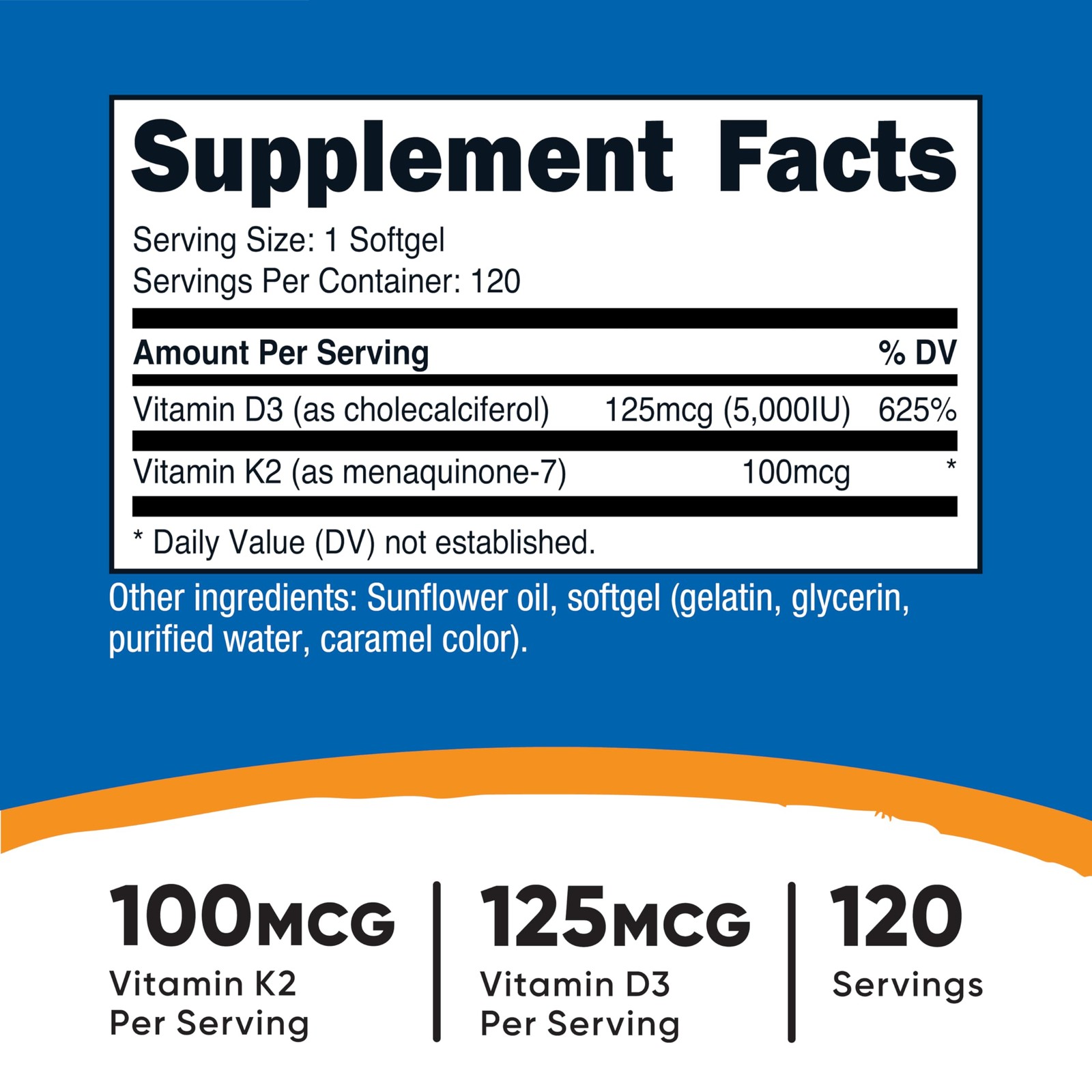 Nutricost Vitamin D3 + K2 (5000 IU / 100mcg MK7), 120 Count (Pack of 1)