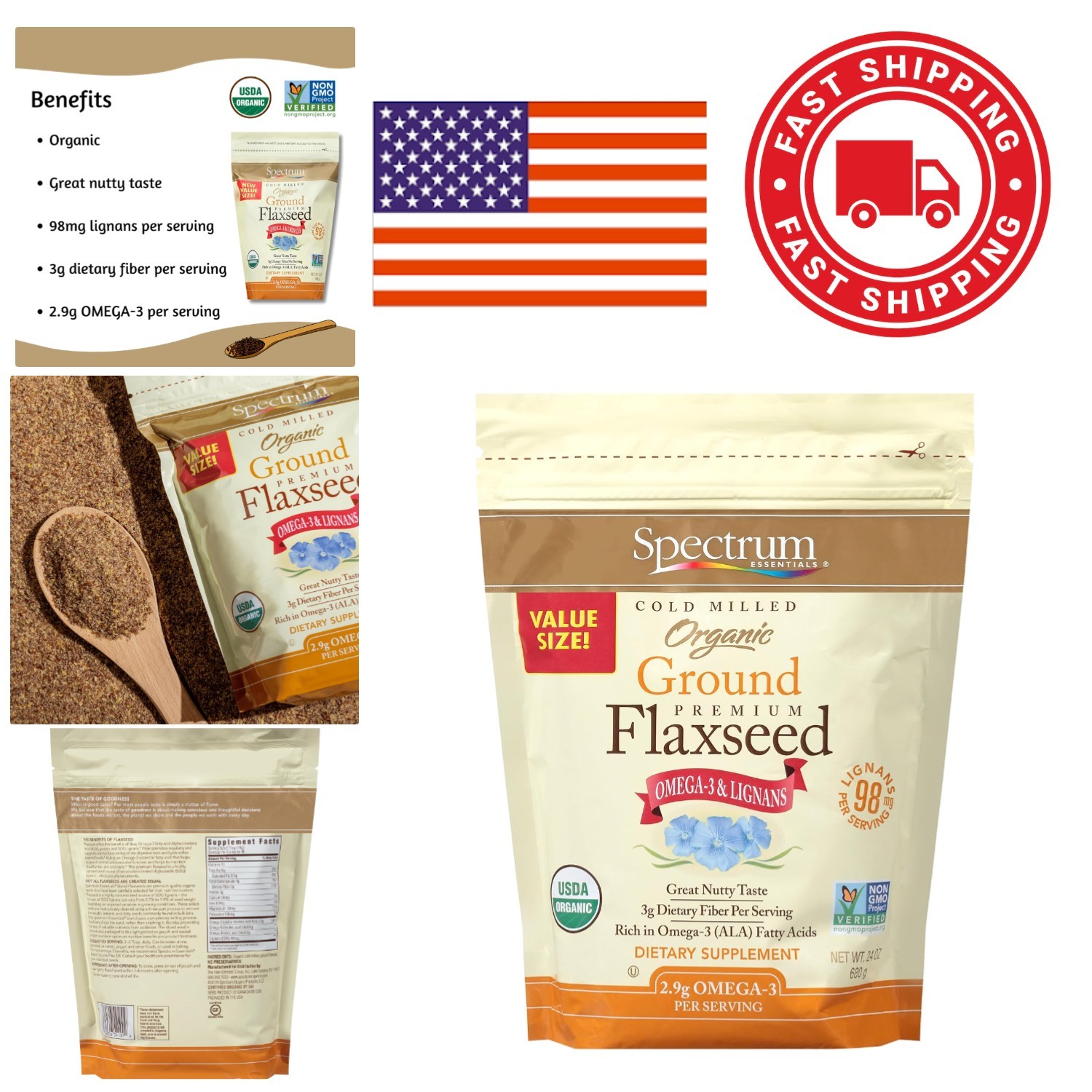 Organic Ground Flaxseed 24 Ounce Nutty Flavor for Smoothies Baked Goods