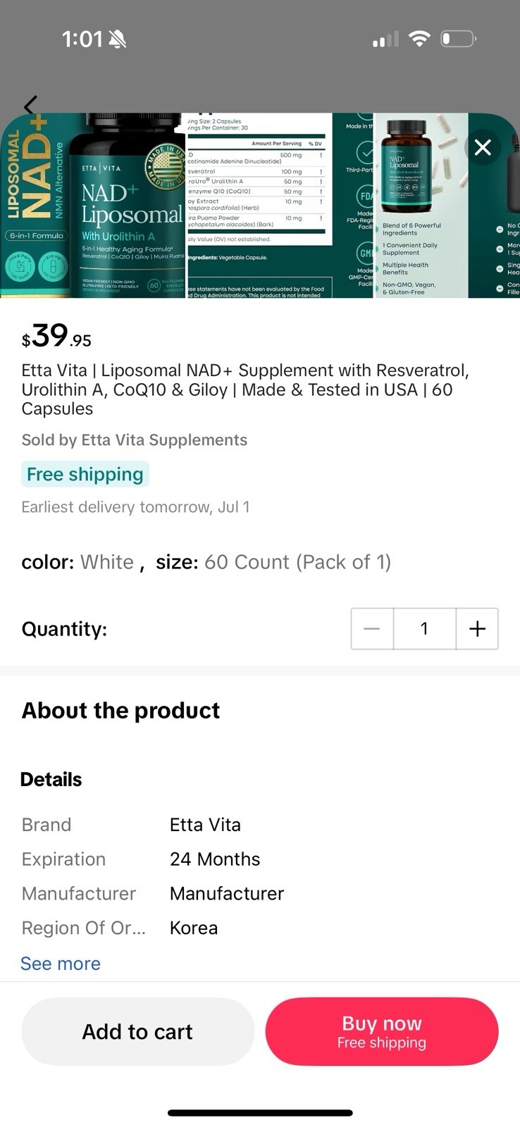 Etta Vita Liposomal NAD+ Supplement With Reservatol Urolothin A CoQ10 & Giloy