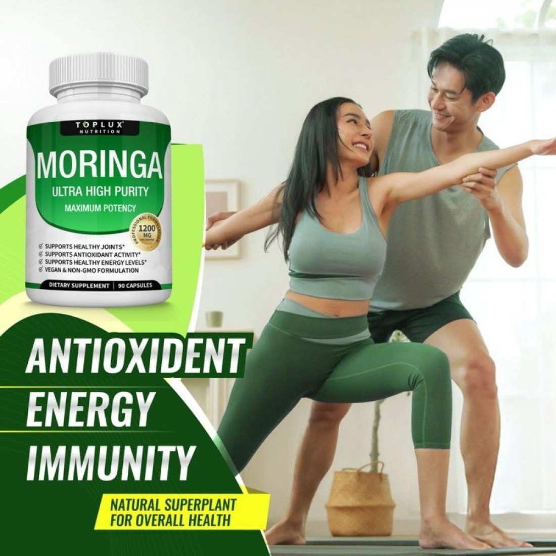 3PCS-TOPLUX Moringa Capsules 1200mg Pure Moringa Powder Immune Gut health 90Caps
