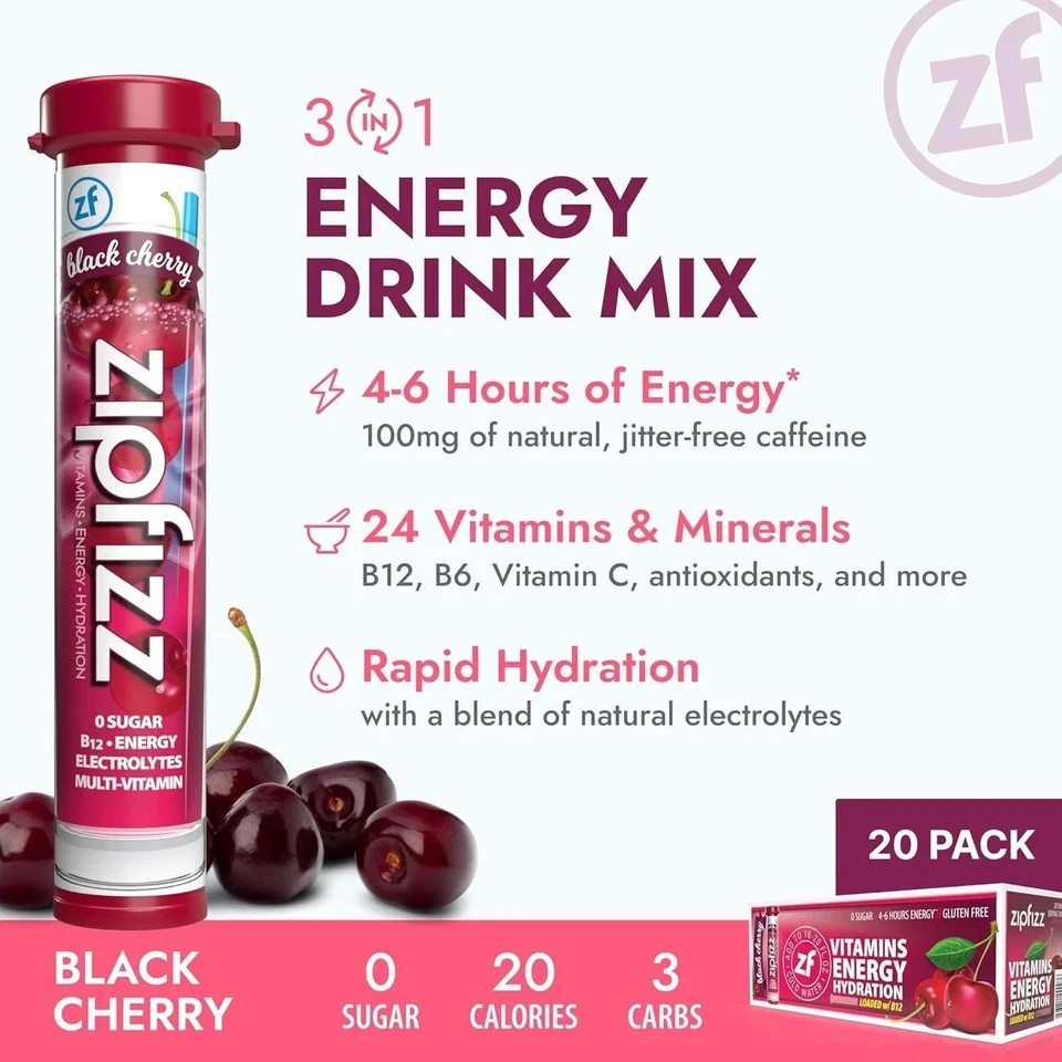 Zipfizz Daily Energy Drink Powder, Black Cherry, 20 Pack 3-in-1 Sustained Energ