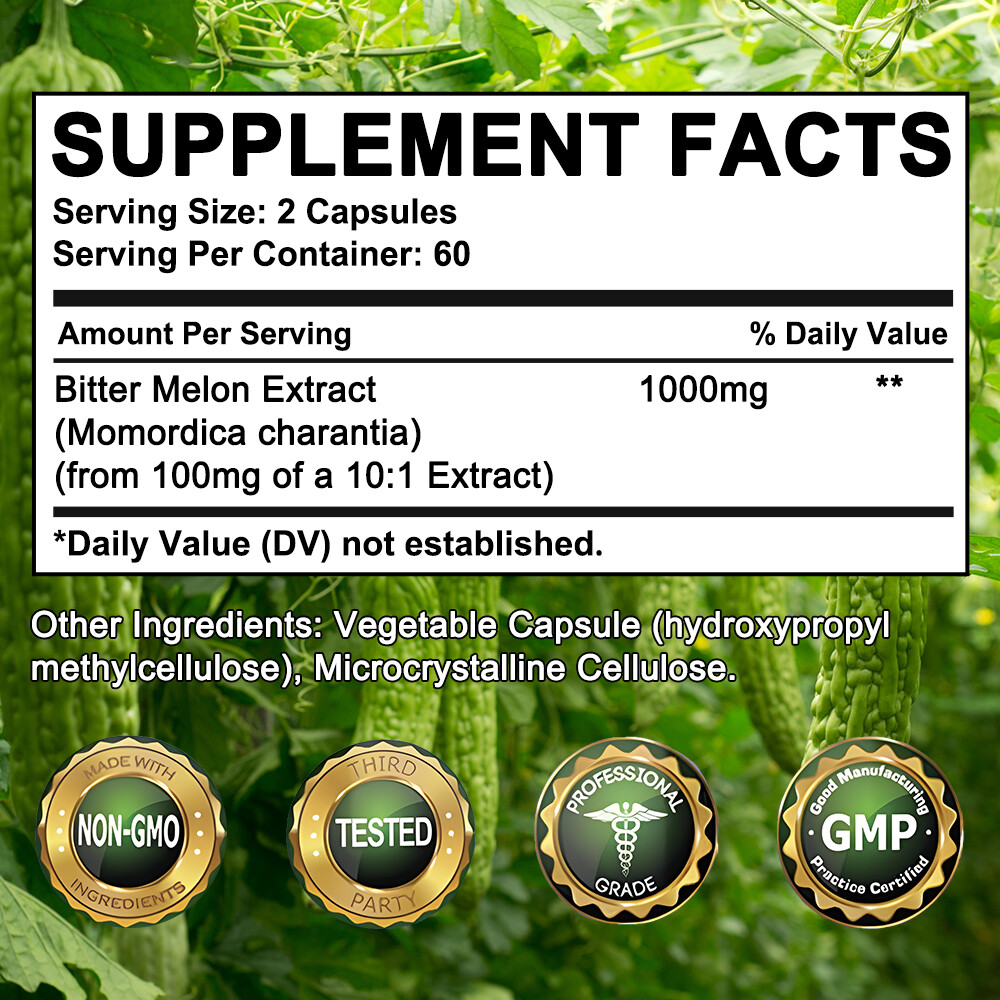 Bitter Melon Capsules 10:1 Extract,1000 mg Strength,Vegan Caps Weight Control