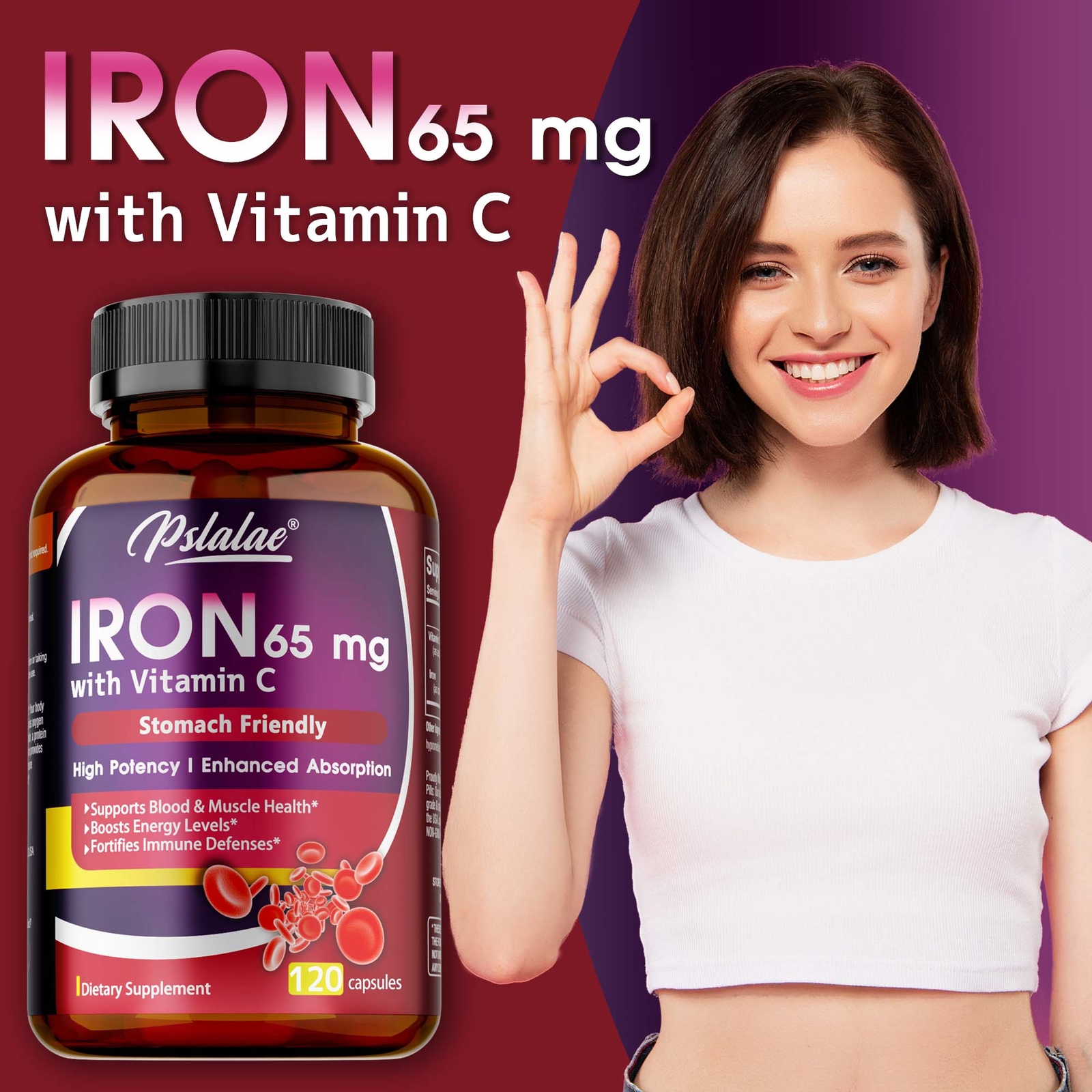 Iron Supplement 65mg – with Vitamin C – Absorbs Easily Raise Hemoglobin Levels