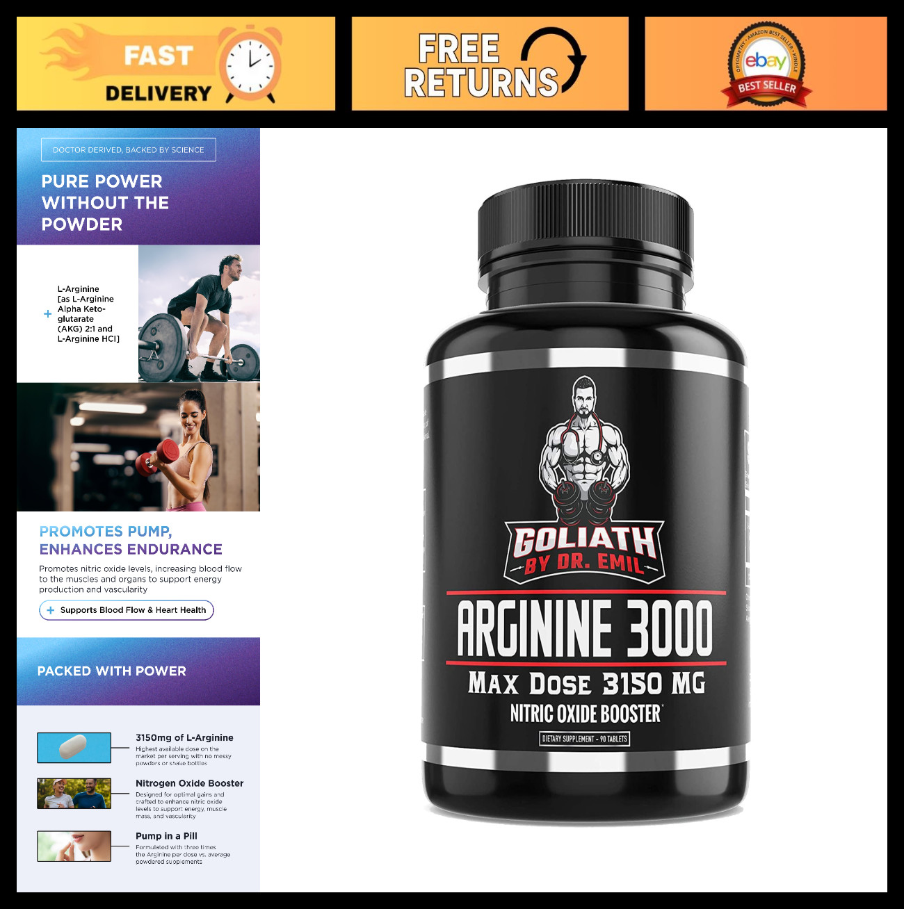 High-Dose Arginine 3000 – Nitric Oxide Booster for Blood Flow, Muscle Growth & E