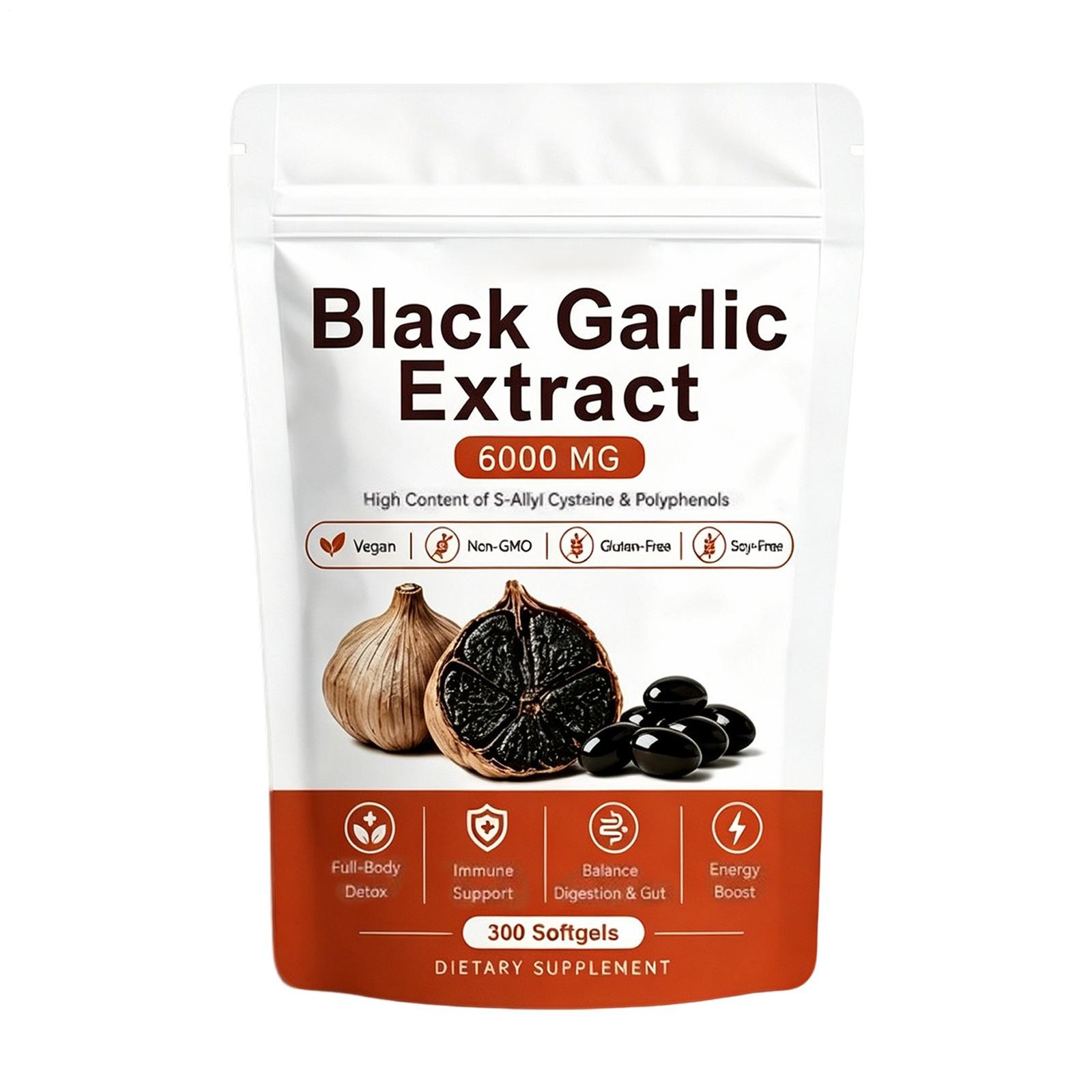 Garlic Black Extract Softgels 300ct, Odorless Vegan Non-GMO Supplement （1-2 pk）
