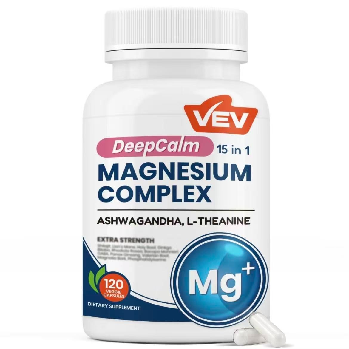 1-3 Pack VEV DeepCalm 15 in 1 Magnesium Glycinate & Citrate Complex 120 Capsules