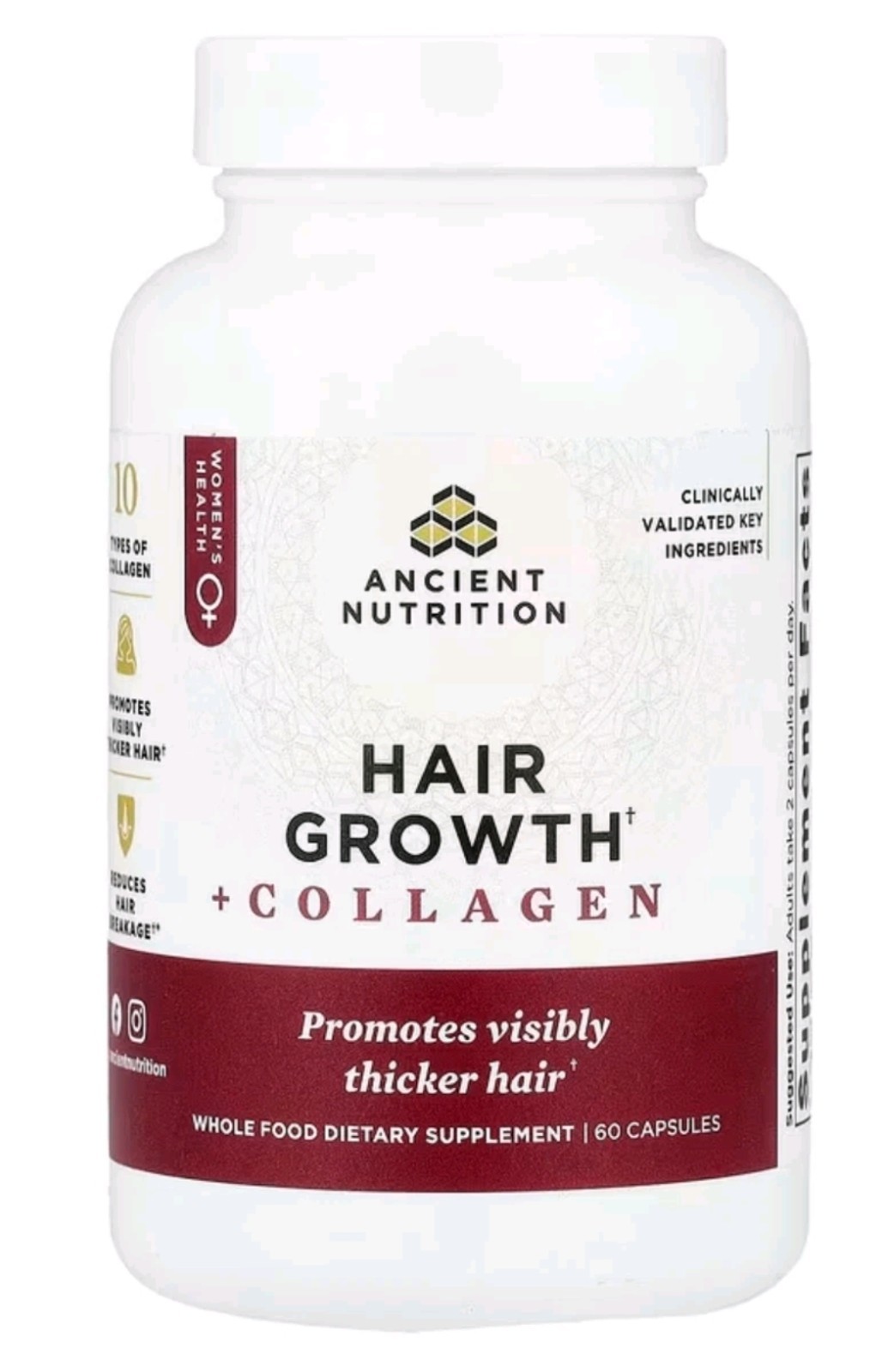Ancient Nutrition Hair Growth + Collagen Supplement 60 Caps Visibly Thicker Hair