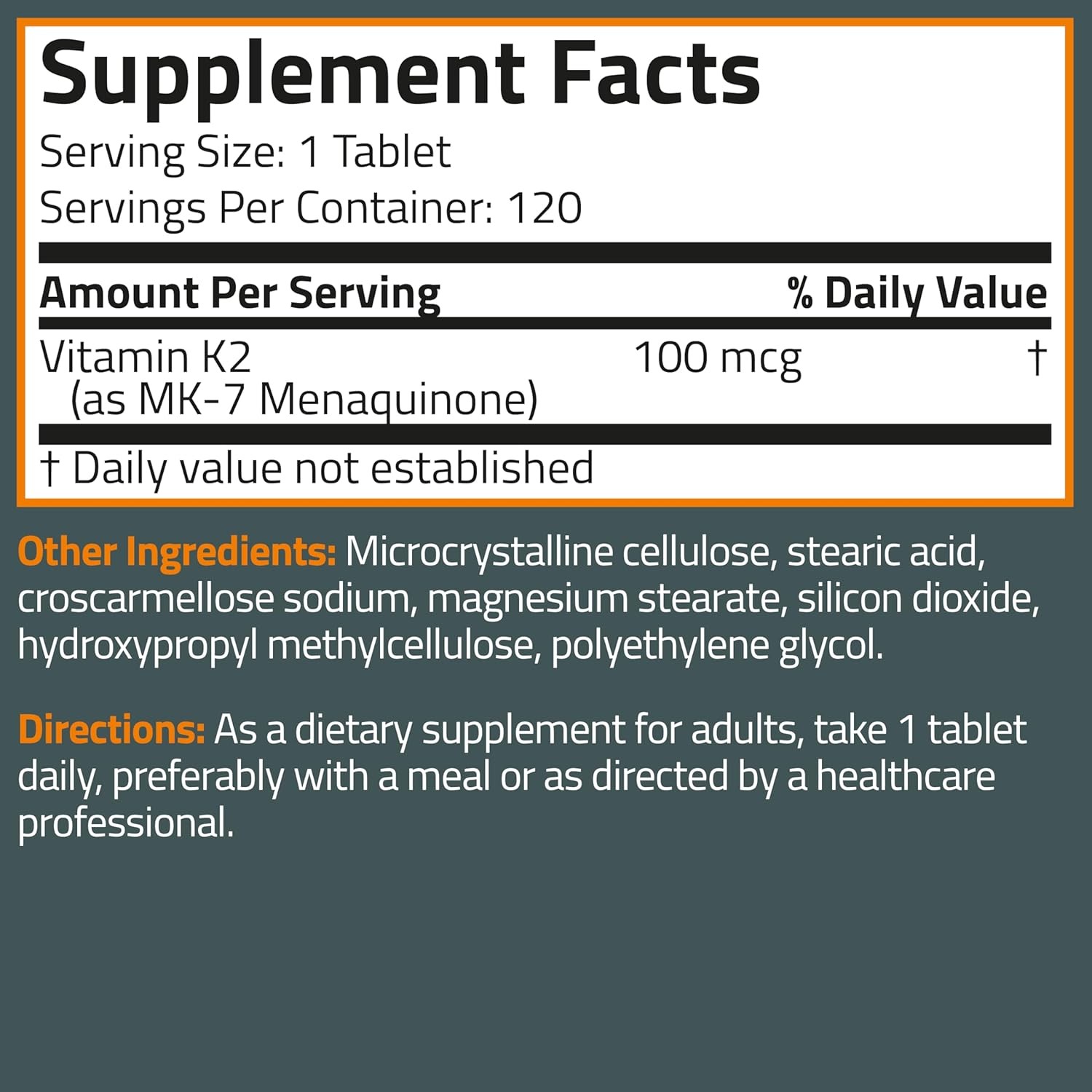 Vitamin K2 MK-7 100 MCG, K2 as MK7 Menaquinone, Bone Support Non-Gmo, 120 Tablet
