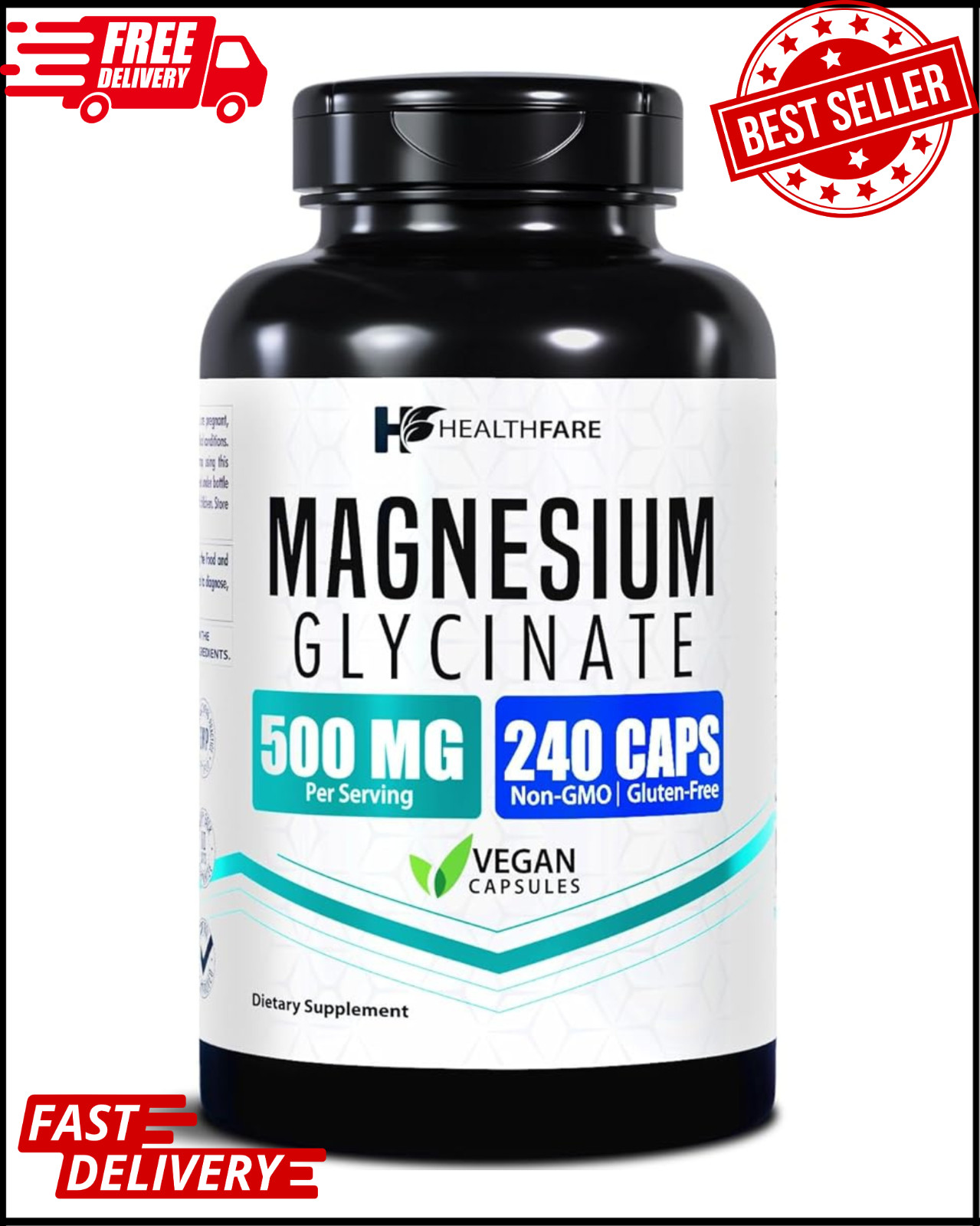 HealthFare Magnesium Glycinate 500mg | 240 Veg Capsules | High-Absorption