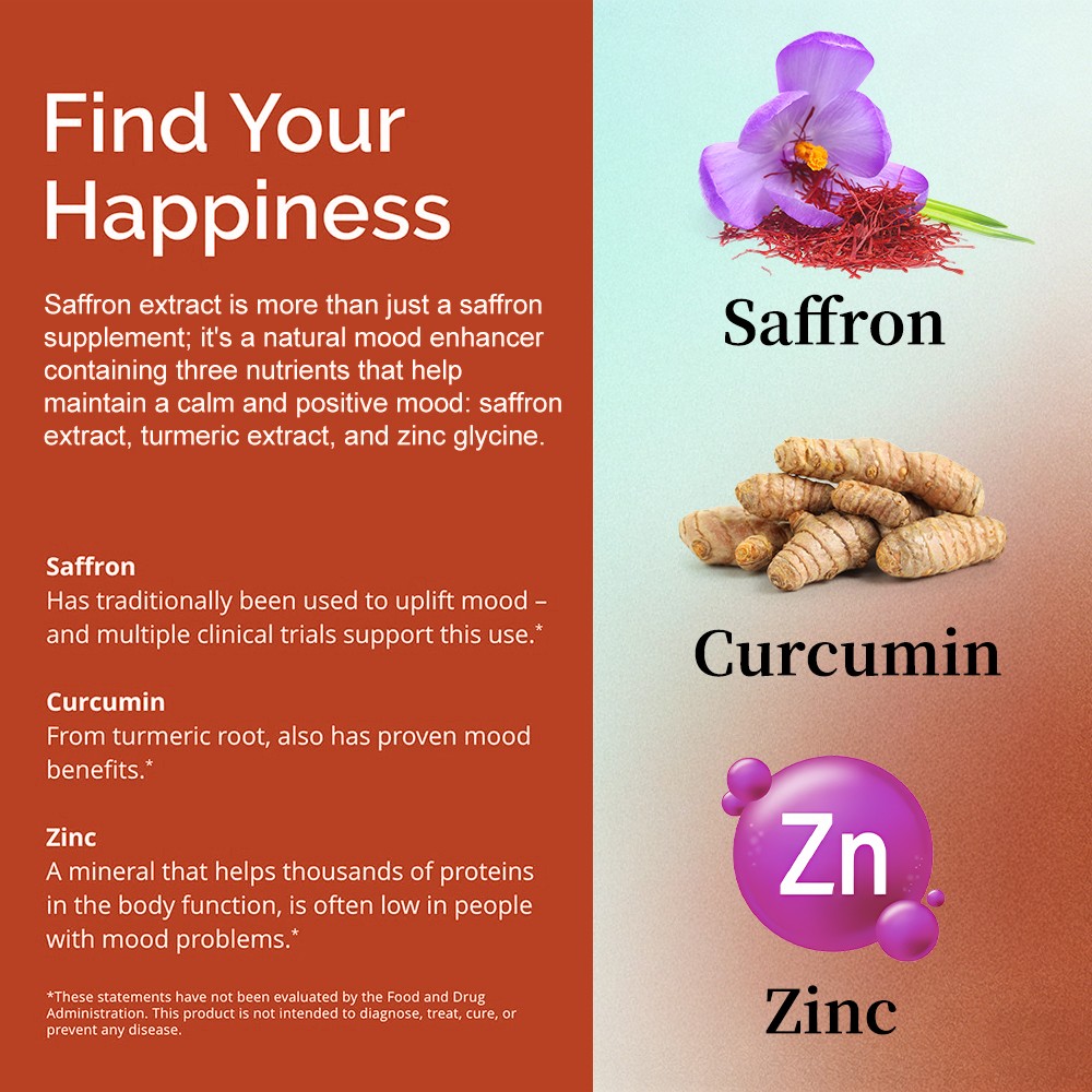 Saffron Extract-With Curcumin&Zinc for Calm,Focus&Emotional Wellbeing 30~120Caps
