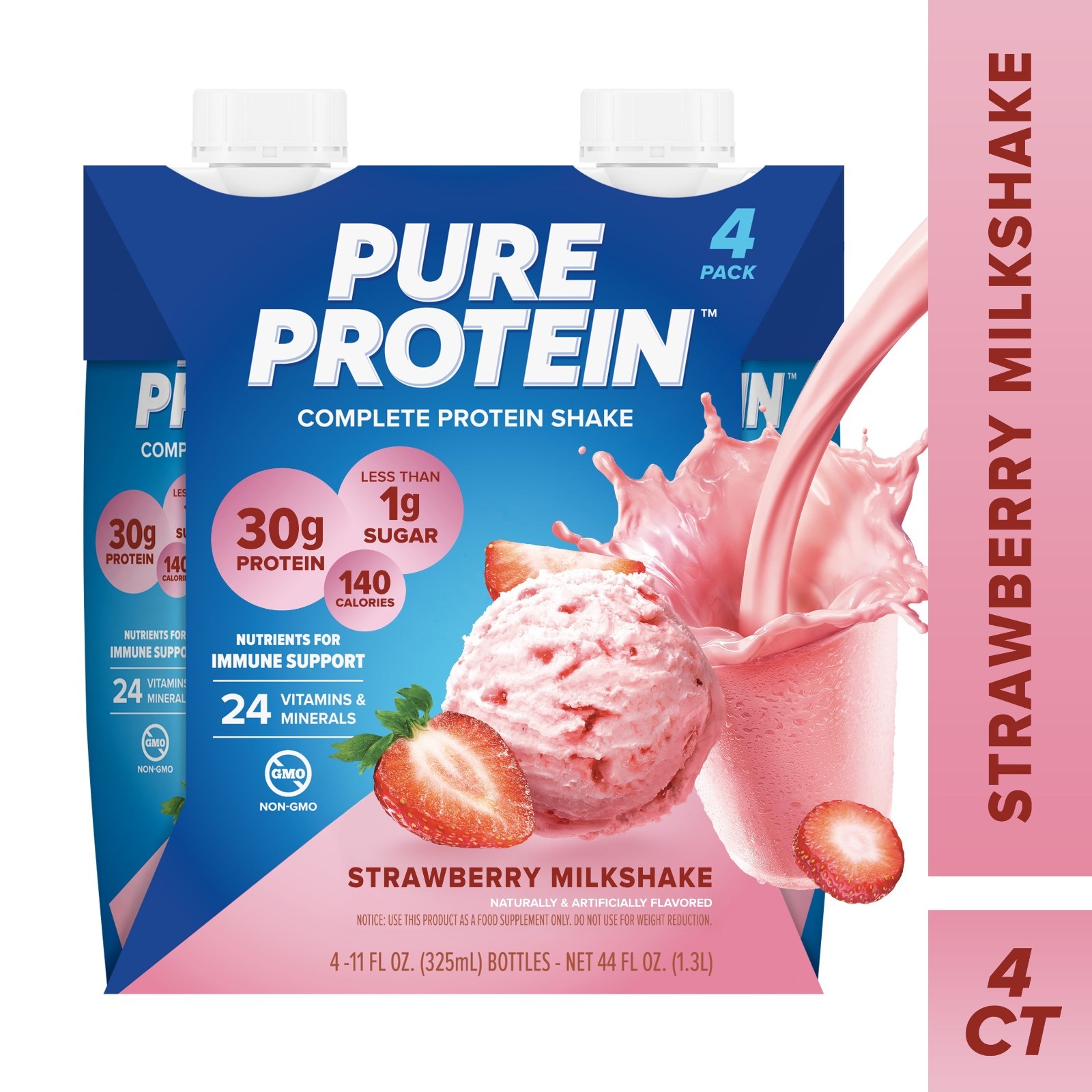 Pure Protein Shake, Strawberry Milkshake, 30g Protein, 11 fl oz, 4 Count.
