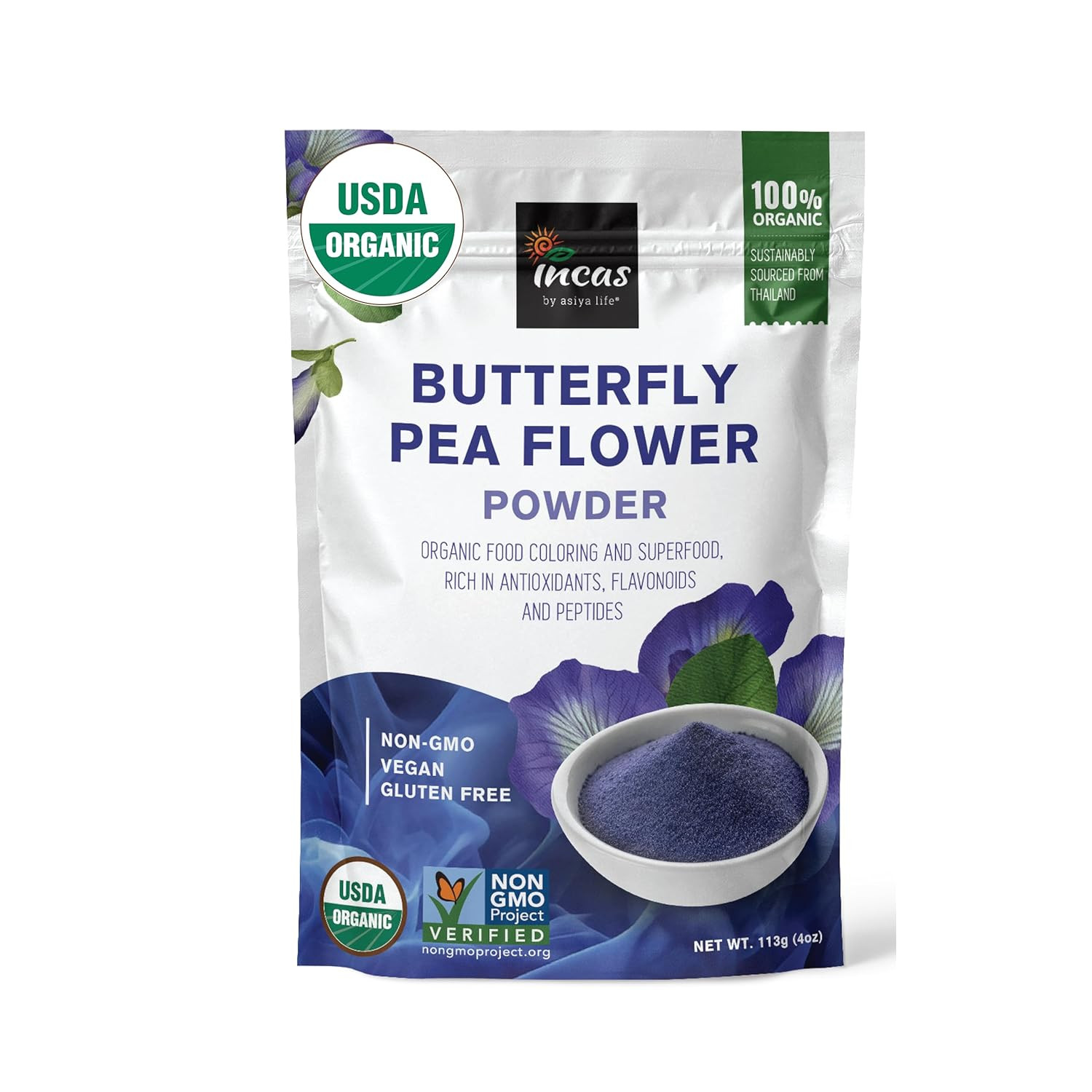 INCAS 100% USDA Organic Butterfly Pea Flower Powder (4 Ounce) | Organic Blue Mat