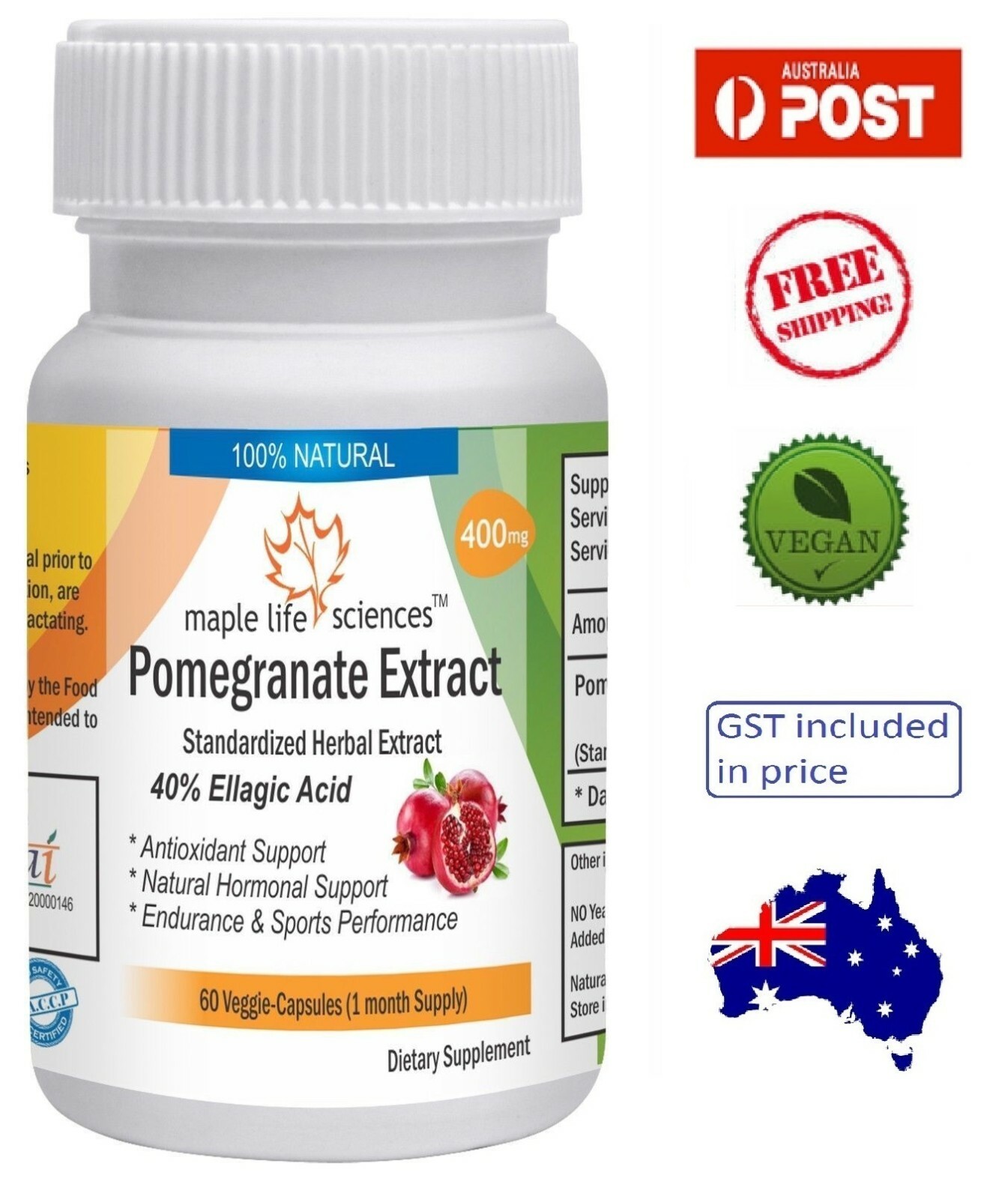 Pomegranate Extract (40% Ellagic Acid) – 400mg – AU Stock