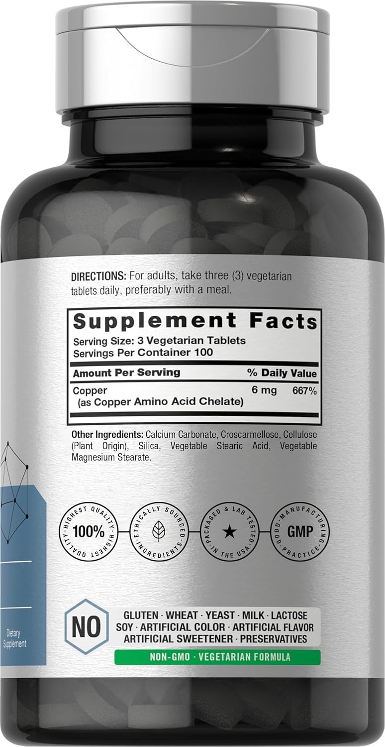Chelated Copper Supplement 6mg, 300 Tablets, Non-Gmo & Gluten Free, by Horbaach
