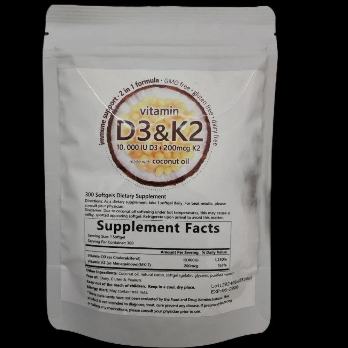 Micro Ingredients Vitamin D3 K2 With Coconut oil,300 Softgels Dietary Supplement