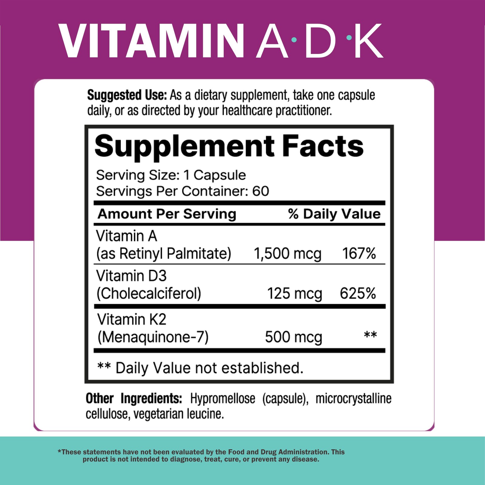 NatureGenX ADK Vitamin Supplement – Vitamins A, D3 60 Count (Pack of 1), None