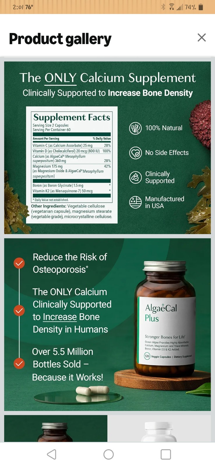 AlgaeCal Organic Red Algae Calcium Supplement 120 Count
