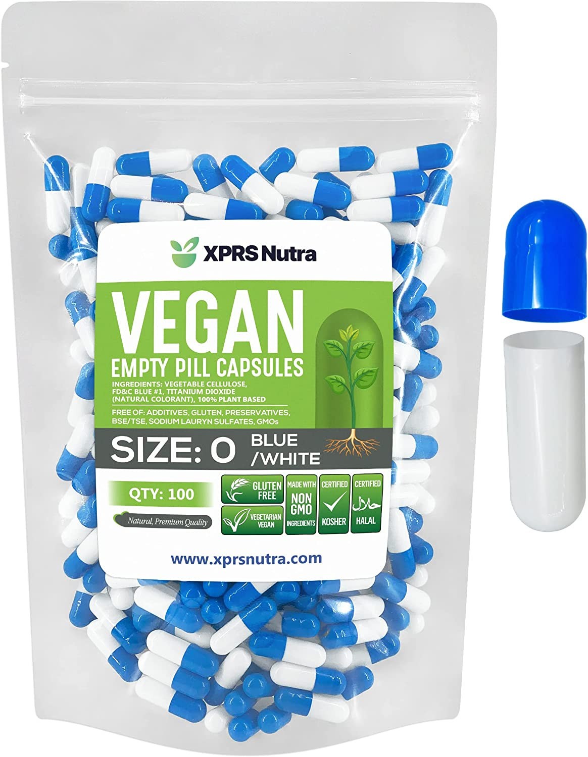 Size 0 Blue/White Empty Vegan Capsules Vegetarian Veggie Kosher Veg Caps Pills