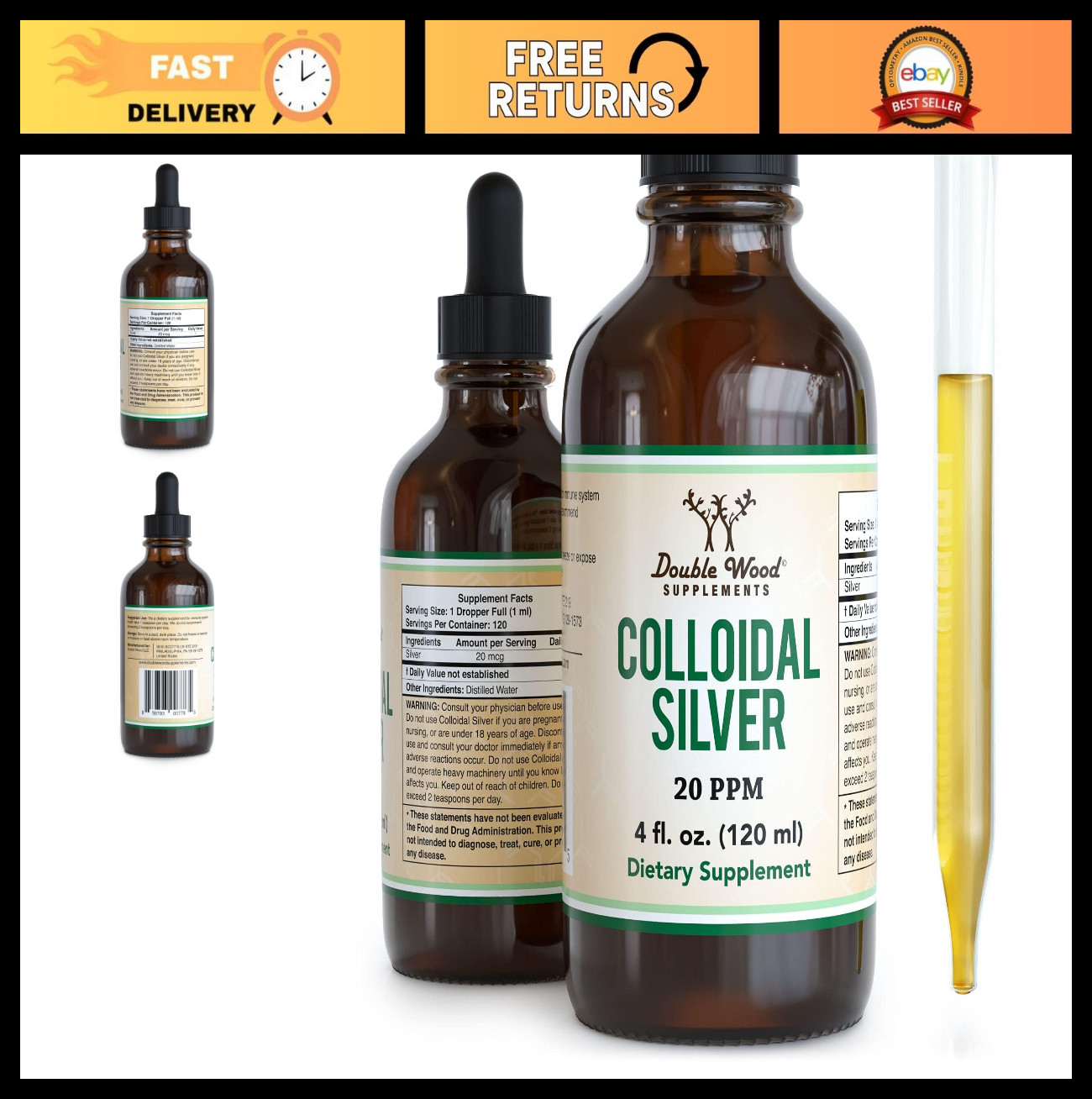 Colloidal Silver Liquid 20 PPM – 4 Fl OZ, 99.9% Pure, Gluten Free, Non-GMO, Drop