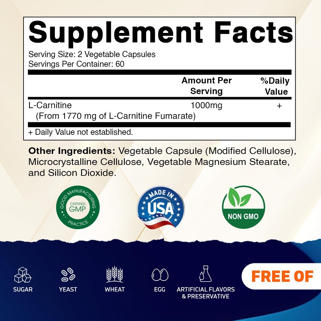 3 Pack- Vitamatic L-Carnitine Fumarate 1000 mg – 120 Vegetable Capsules