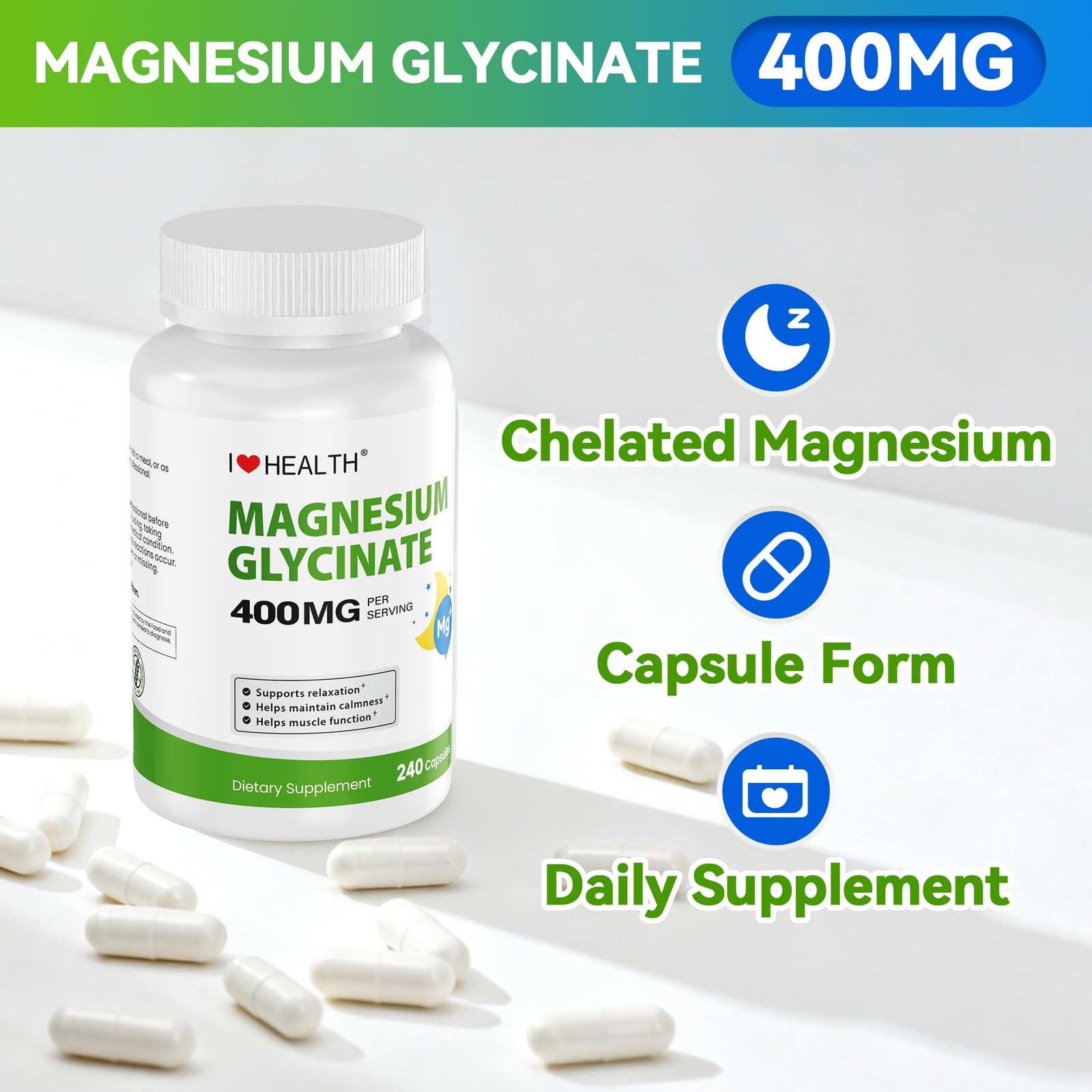Magnesium Glycinate 400mg per Capsule – 240 Capsules – 240 Count (Pack of 1)