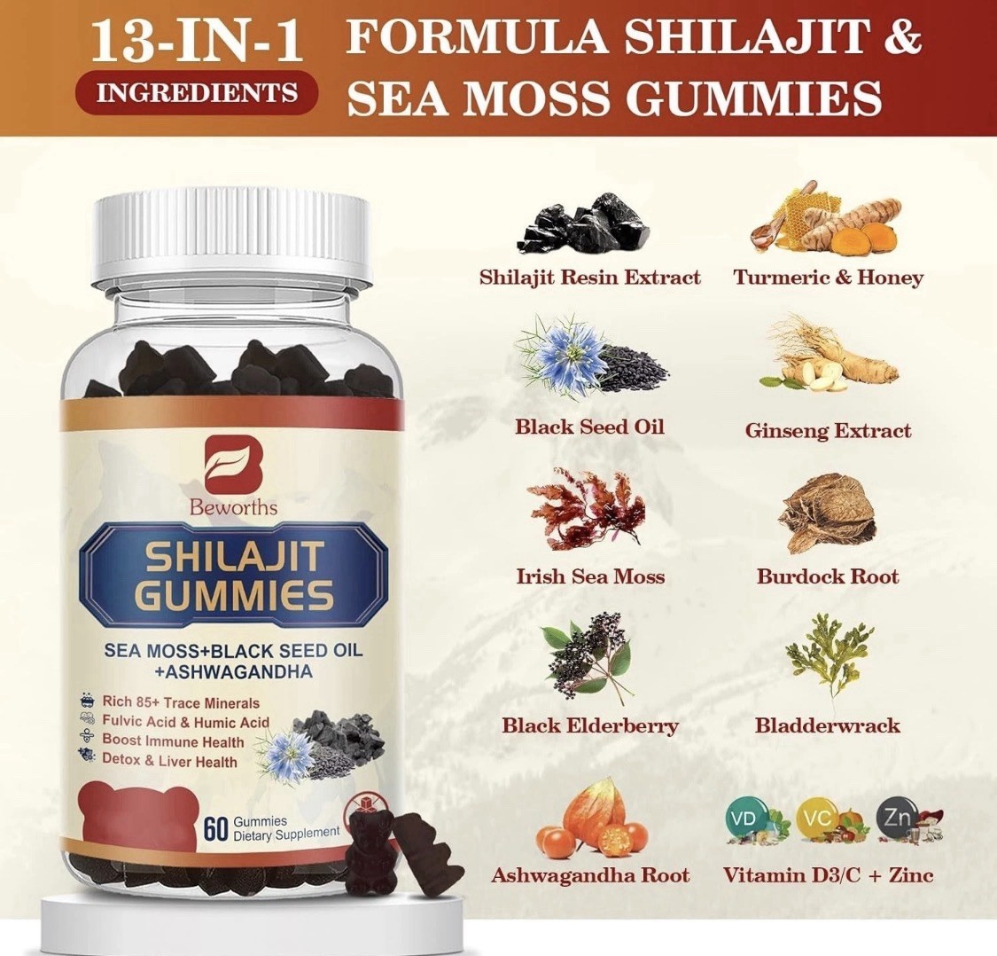 Beworths SHILAJIT GUMMIES 10,000MG 60 Gummies Sea Moss+Black Seed Oil +ASHWAGAND
