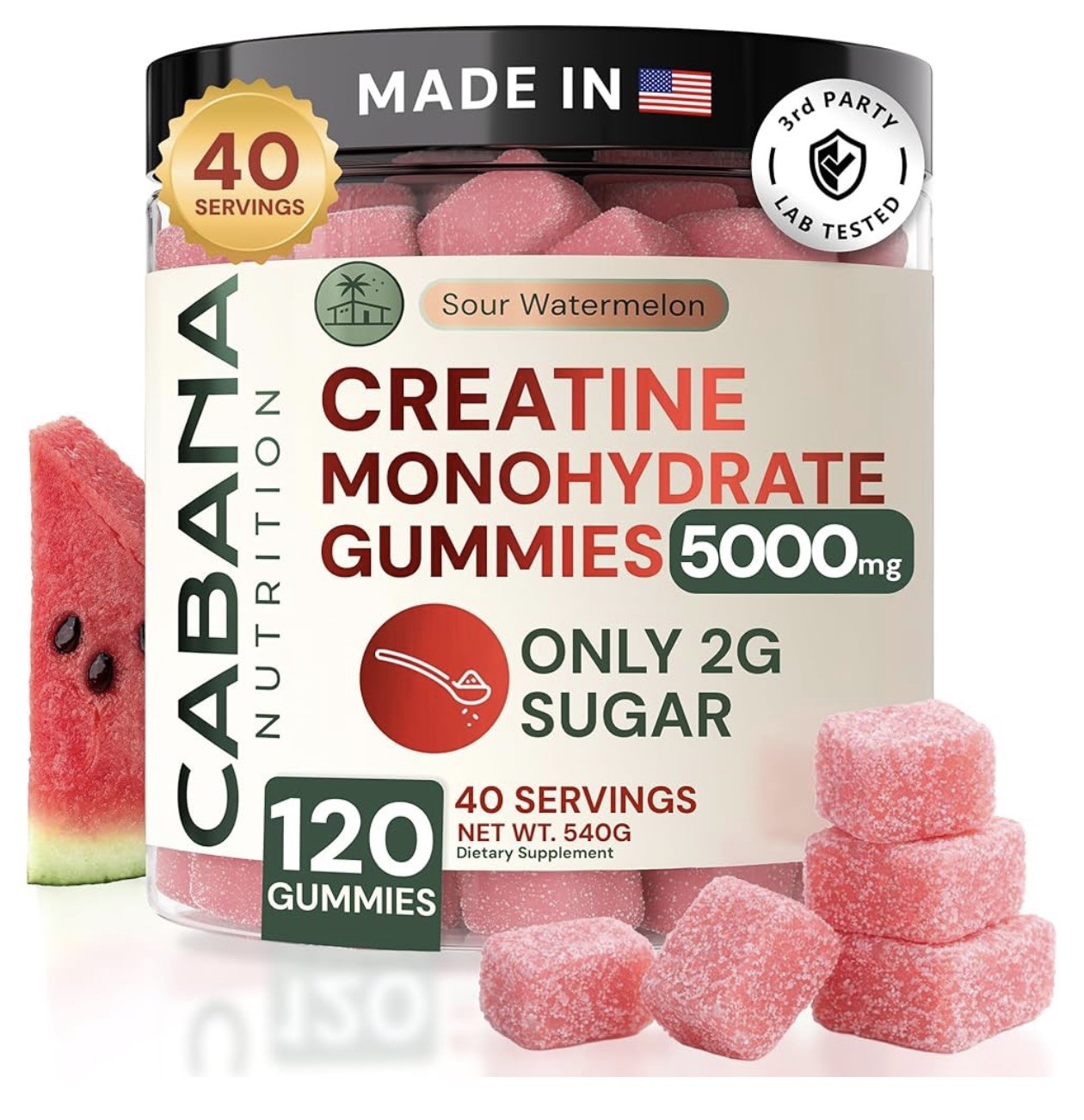 Cabana Nutrition Creatine Monohydrate Gummies – Sour Watermelon – 120 ct