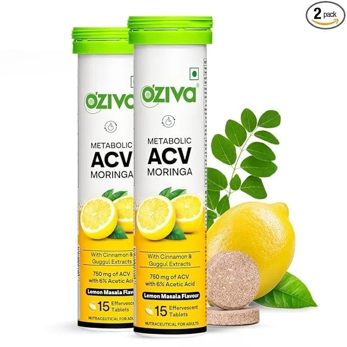 OZiva ACV Moringa Tablets Effervescent Lemon Masala 30 Tablets 2 Pack