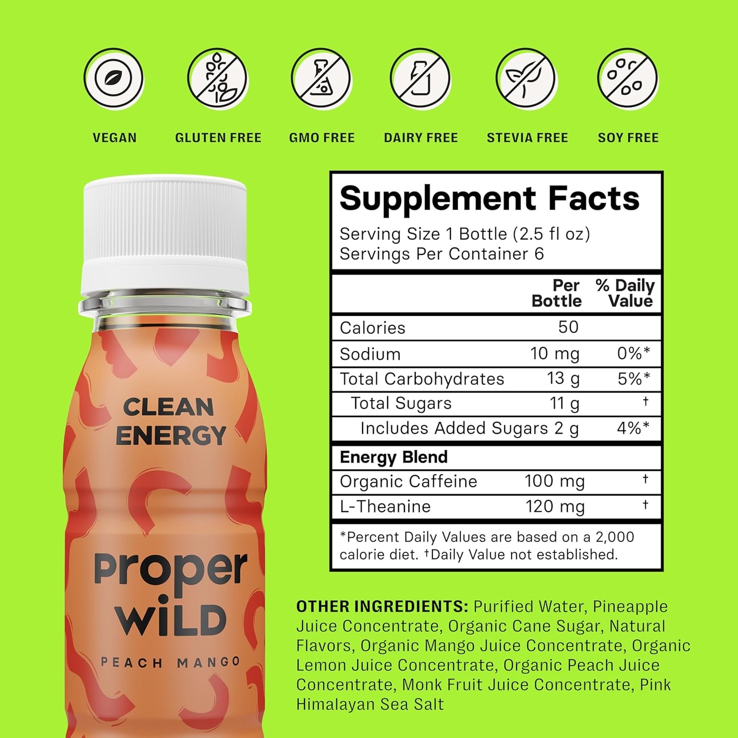 Proper Wild Natural Clean Energy Shots Caffeine & L-Theanine Peach Mango 6 Shots