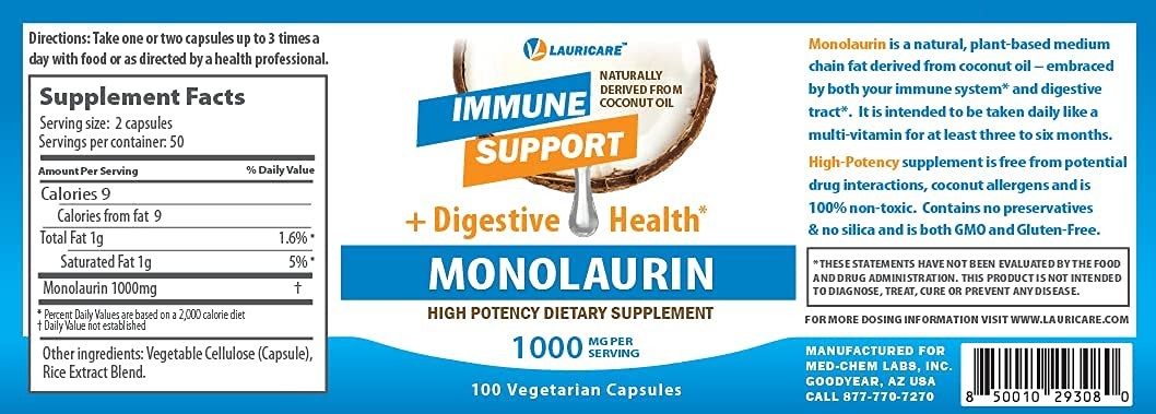 Monolaurin Supplement for Immune Support – Gut Health – 1000mg Per Serving- 1…