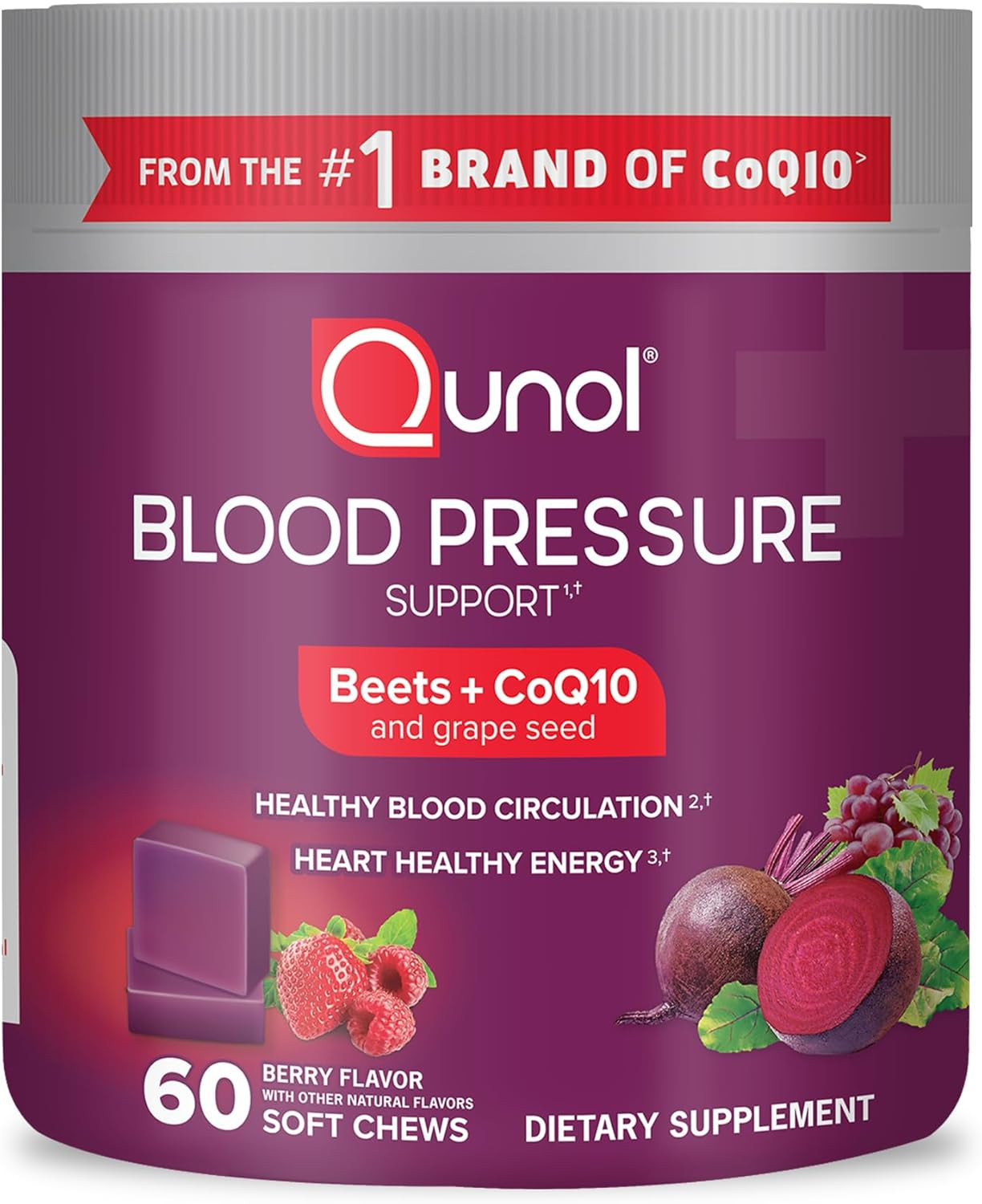 Qunol Beets Chews for Blood Pressure Support, 3 in 60 Count (Pack of 1), Red