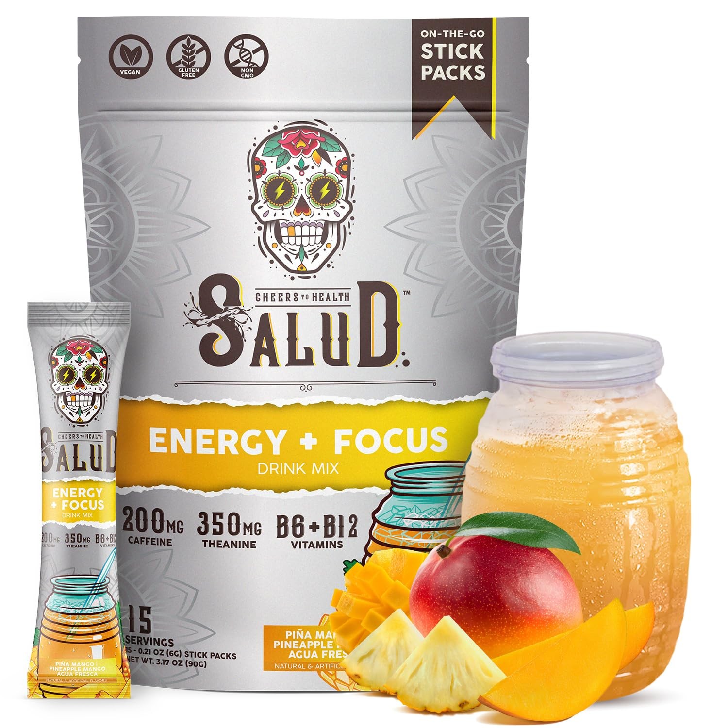 Salud 2-in-1 Energy Drink Powder + Focus, Pineapple Mango, Organic Caffeine, …