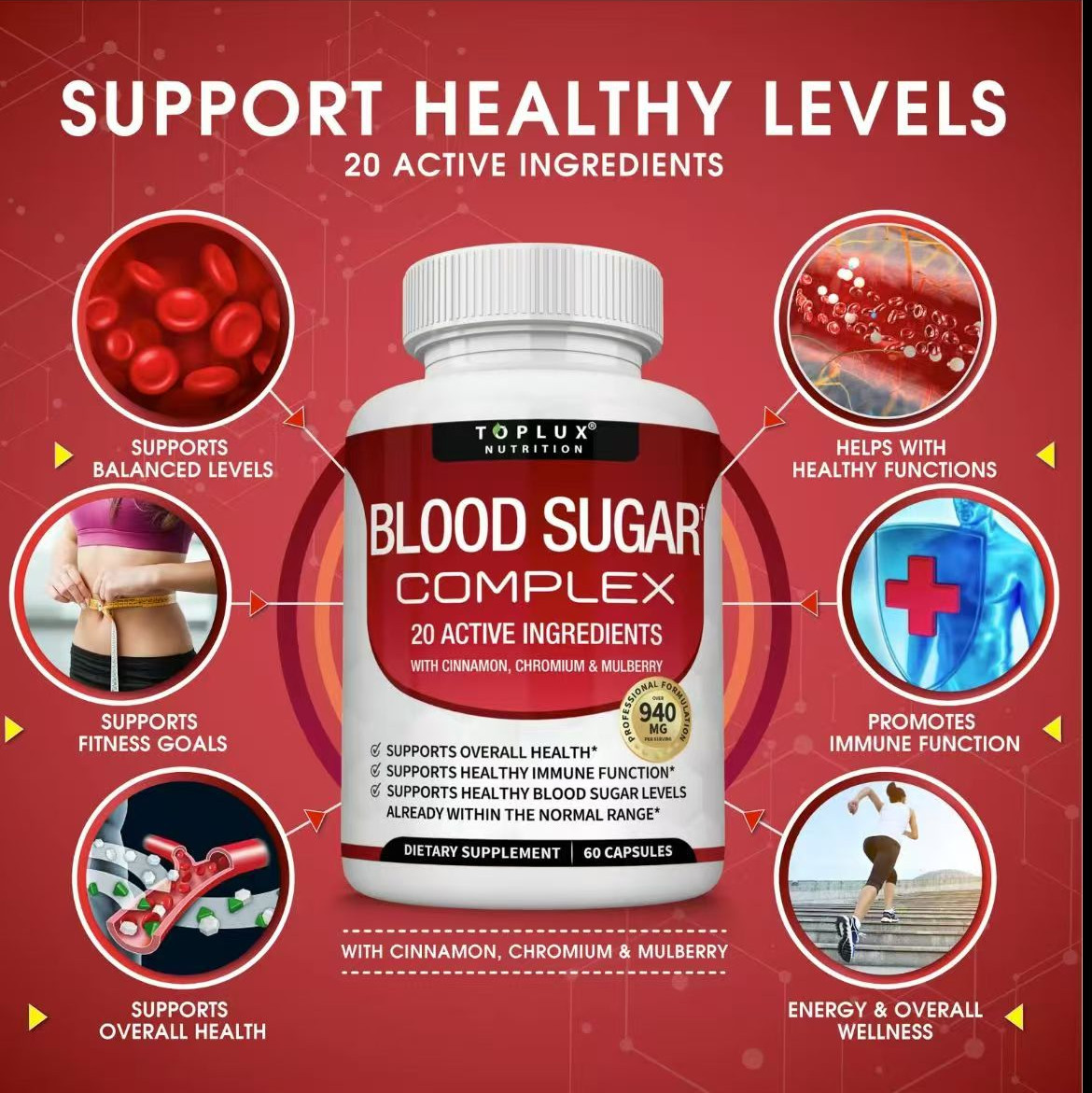 Blood Sugar Complex 20 Essential Vitamins & Minerals for Optimal Health 940mg