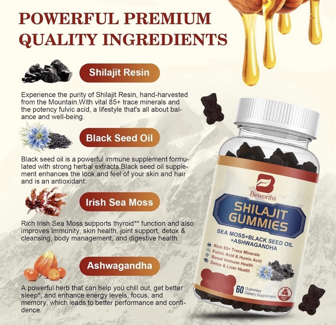 Beworths SHILAJIT GUMMIES 10,000MG 60 Gummies Sea Moss+Black Seed Oil +ASHWAGAND