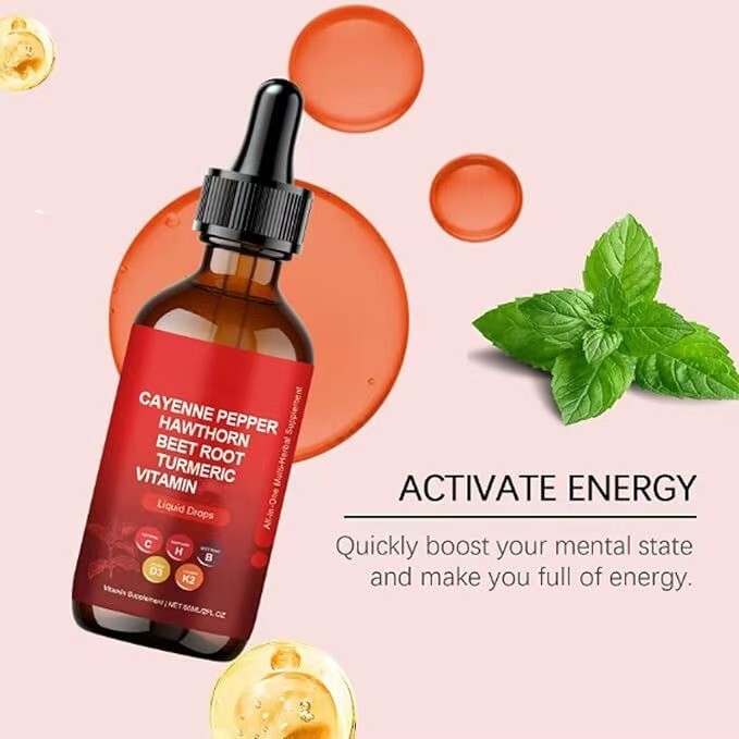 Cayenne Pepper Hawthorn Beet Root Turmeric Vitamin K2+D3 Liquid Drops 60ML