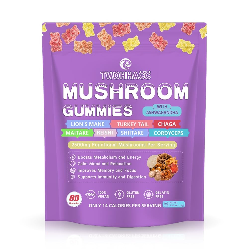 Mushroom Supplement Gummies with Ashwagandha and Lions 80 Count (Pack of 1)
