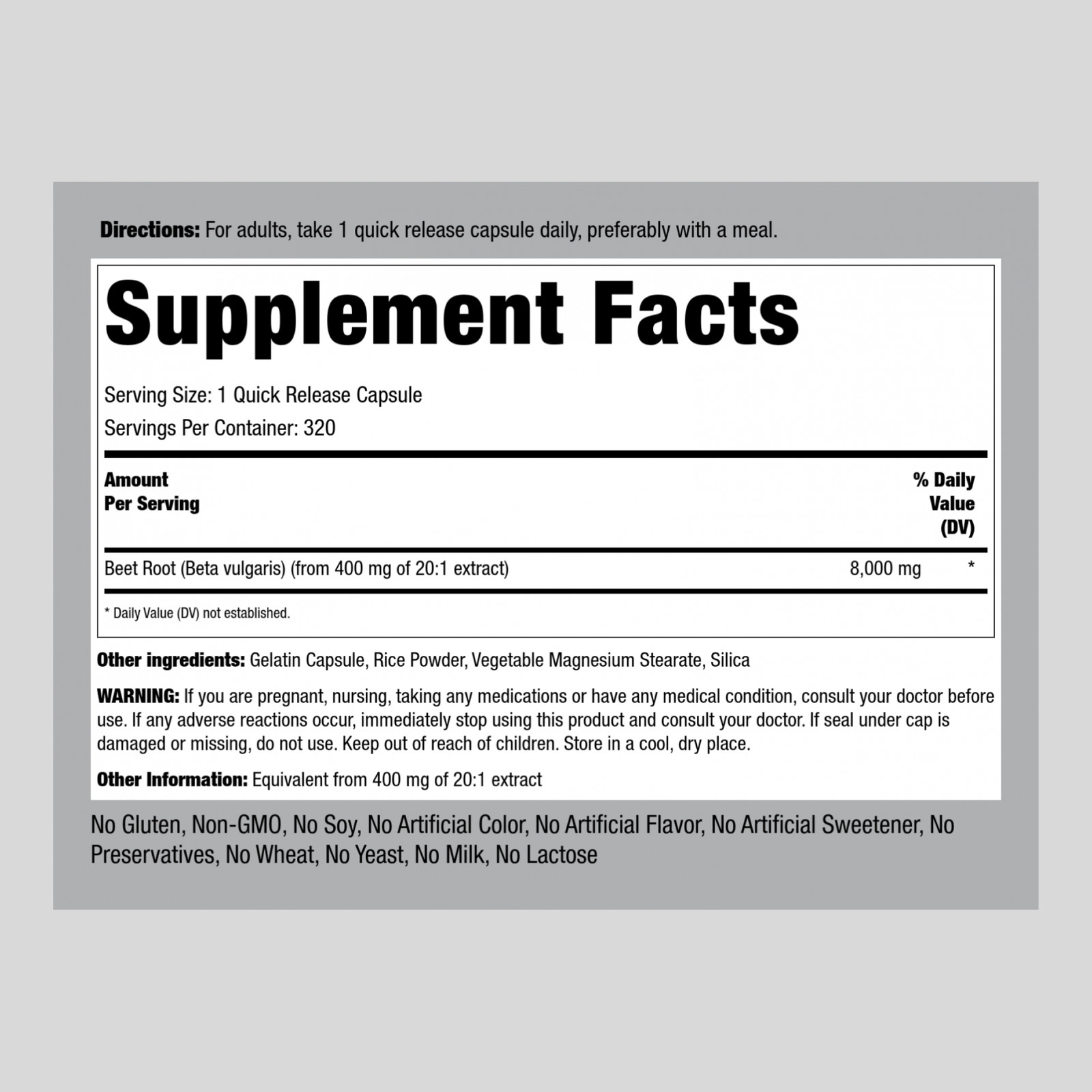 Beet Root Powder Capsules | 8000mg | 320 Count | Herbal Extract | by Piping Rock