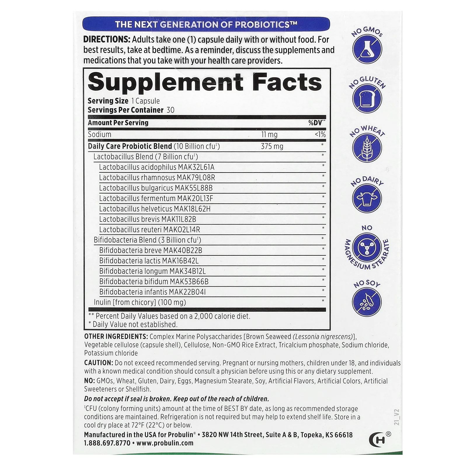 2 X Probulin, Daily Care Probiotic, 10 Billion CFU, 30 Capsules
