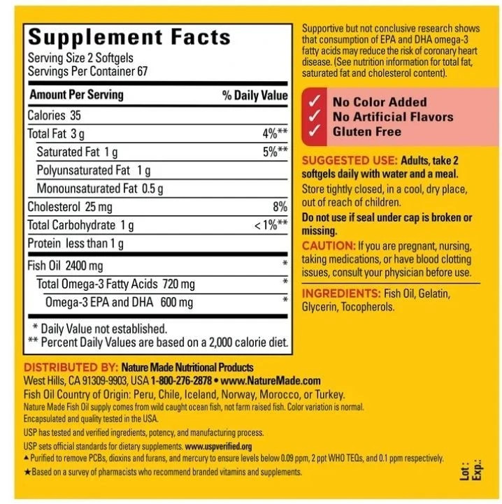 Nature Made Fish Oil 2400mg Per Serving Softgels, Omega 3 Fish Oil