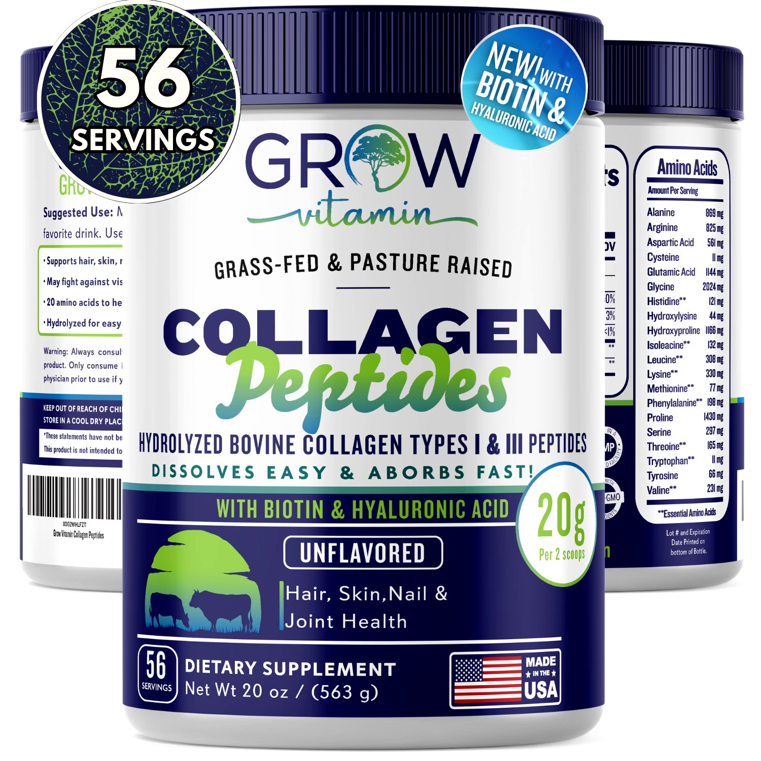 Grow Vitamin Collagen Peptides Powder – Pasture Raised, Grass Fed, Unflavored