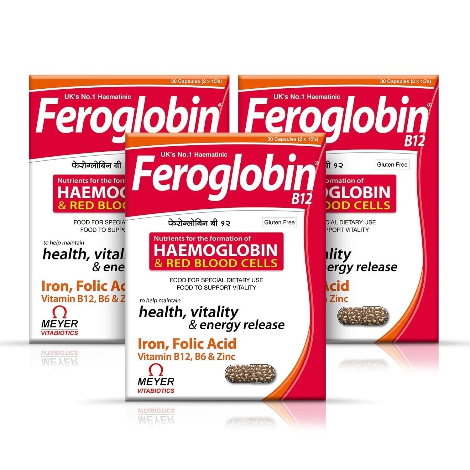 3 x Feroglobin B12 Capsules 90 Iron Folic Acid B6 B12 Zinc Hemoglobin Support