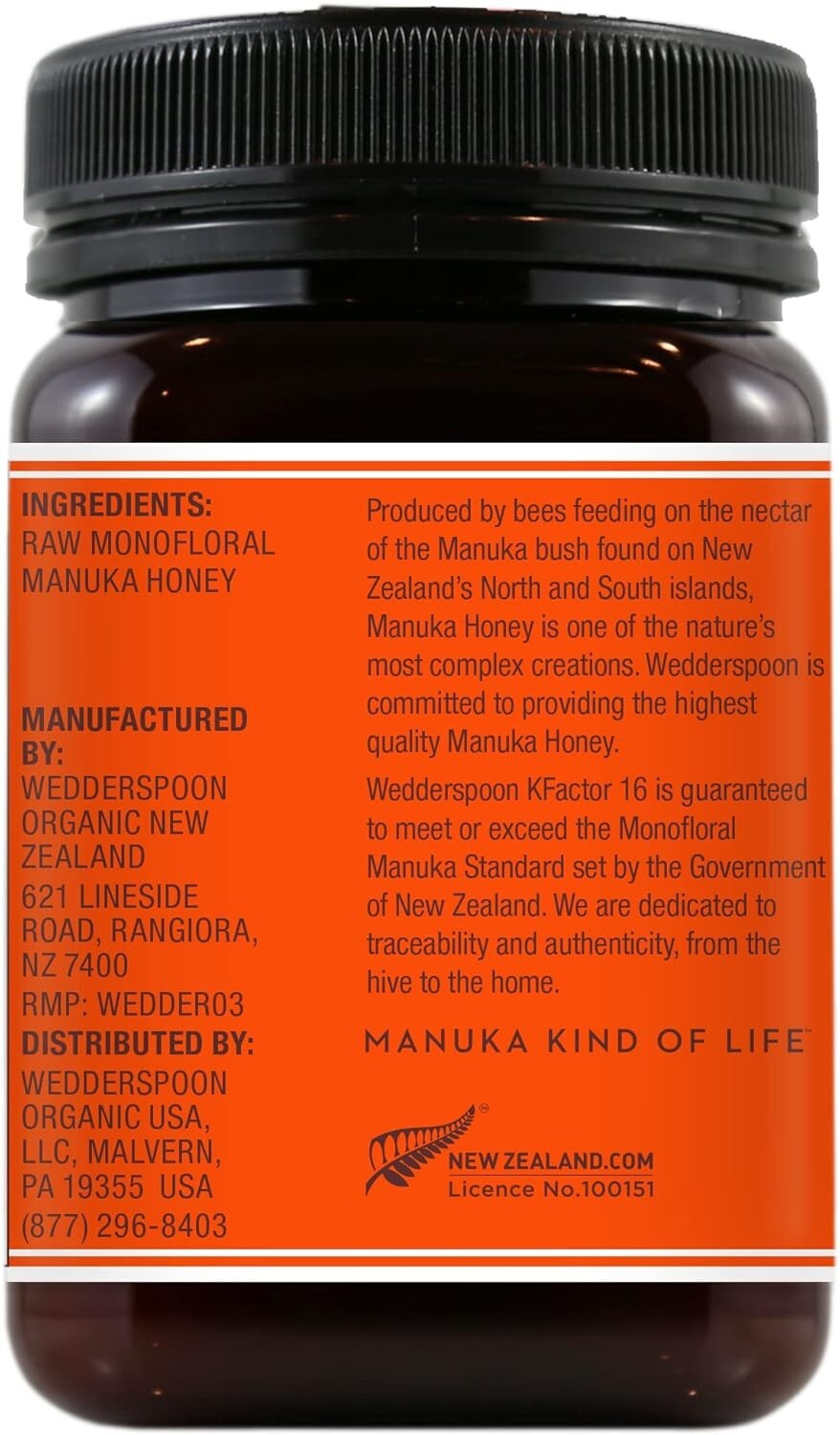 Wedderspoon Raw New Zealand Monofloral Manuka Honey KFactor 16 – NET WT. 17.6 OZ