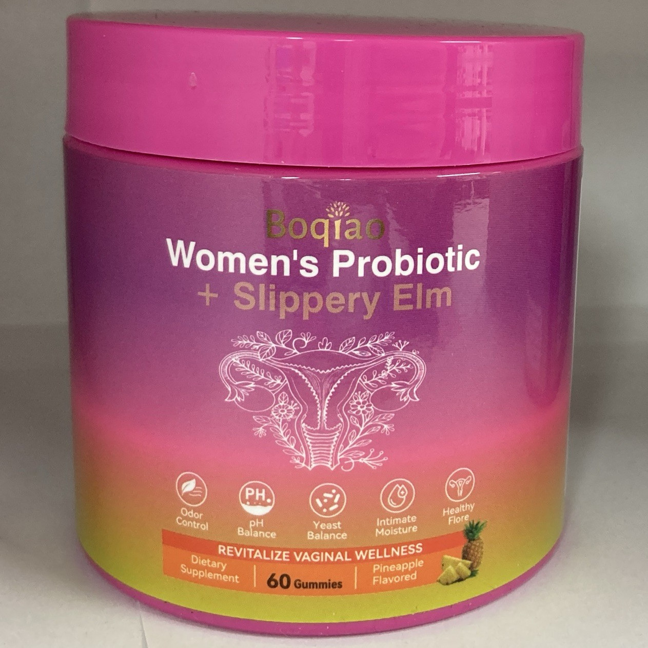 Boqiao Women’s Probiotic + Slippery Elm Pineapple Gummy Supplement 60 Ct