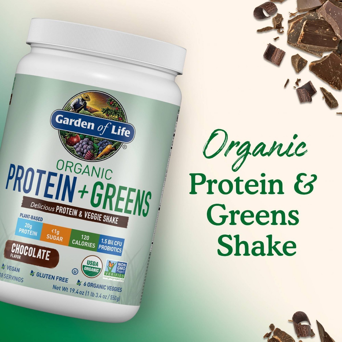 Garden of Life Organic Vegan Protein +Greens Plant Based Shake Mix Powder 19.4oz