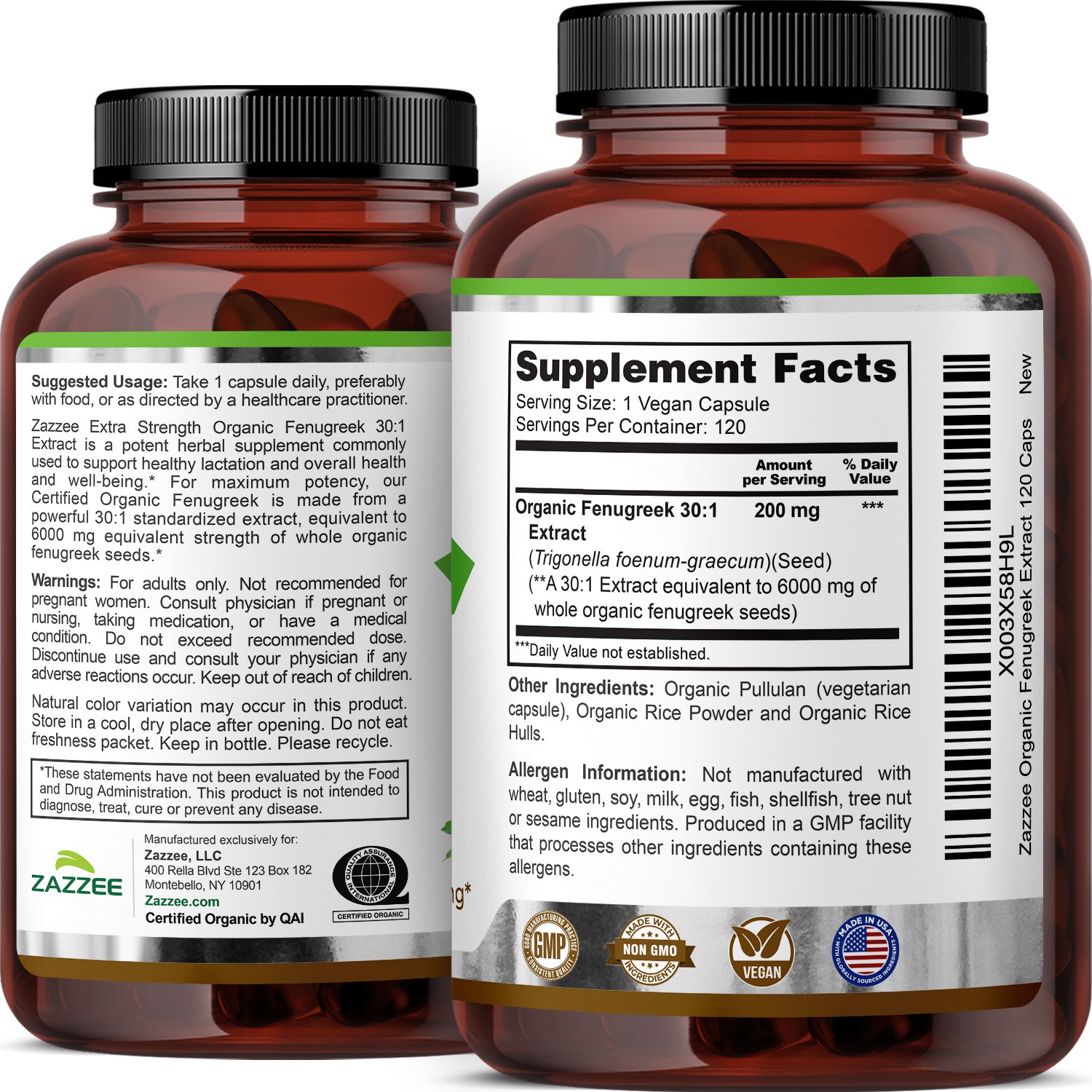Zazzee USDA Organic Fenugreek 30:1 Extract, 6000 mg Strength, 120 Vegan Capsules
