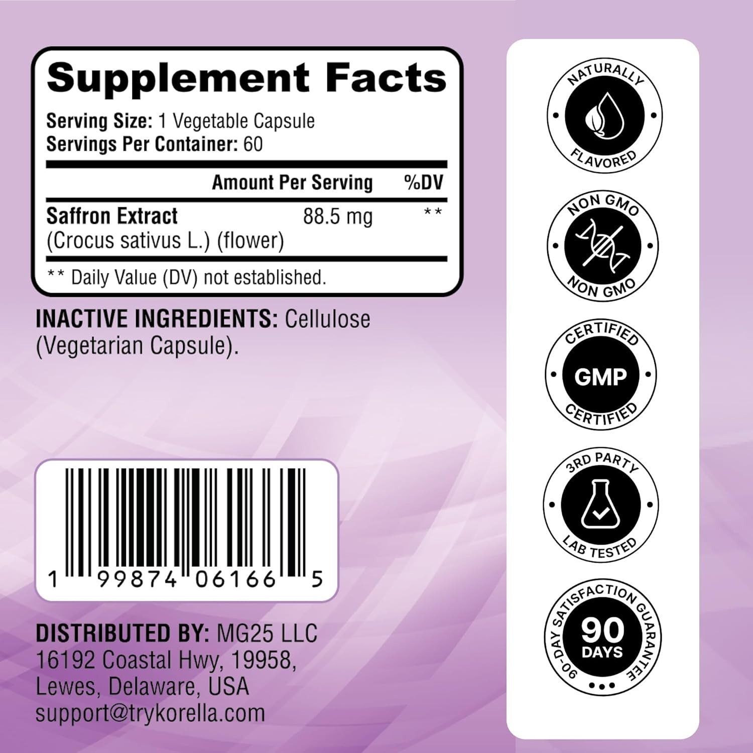 Korella Saffron Capsules 88.5mg Supplement 60ct Non-GMO Herbal Support
