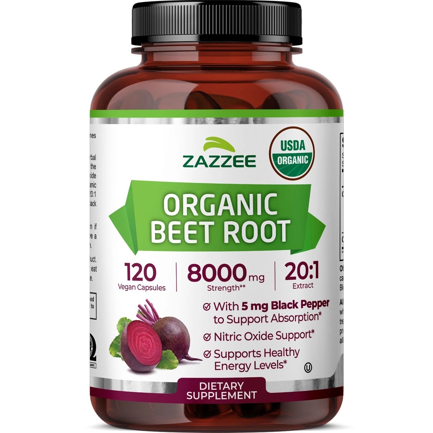 USDA Organic Beet Root 8000 mg Strength 20:1 Extract, 120 Vegan Capsules, Kosher